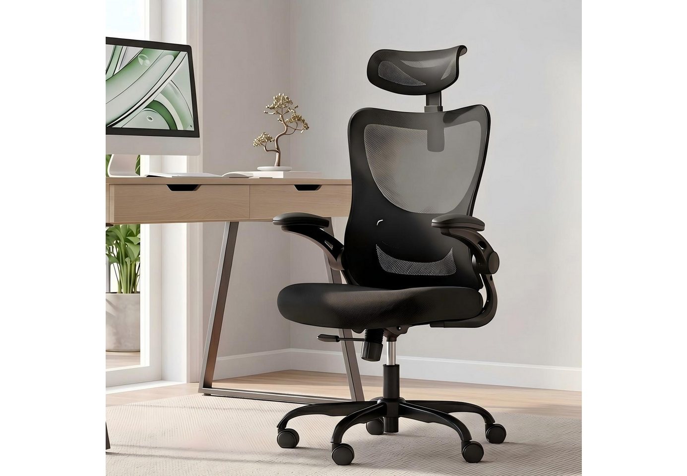 Marsail Bürostuhl Ergonomischer – Schreibtischstuhl Mesh mit 3D-verstellbaren Armlehnen (Dynamischer Lendenstütze, Wippfunktion), TÜV-geprüft, bis 136 kg – Ideal für Homeoffice & Gaming