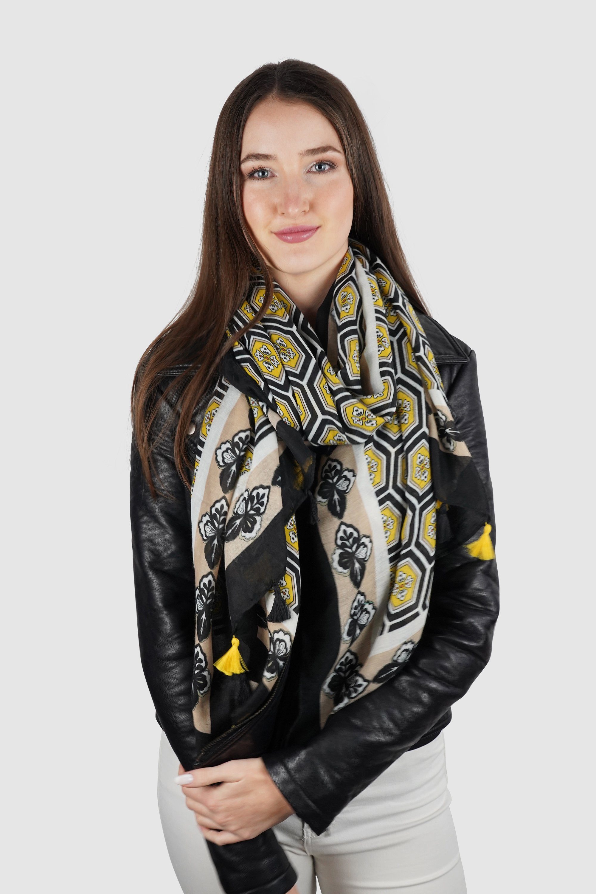 schwarz, aus Harpa Baumwoll-Viskose-Mischung Modeschal, gelb