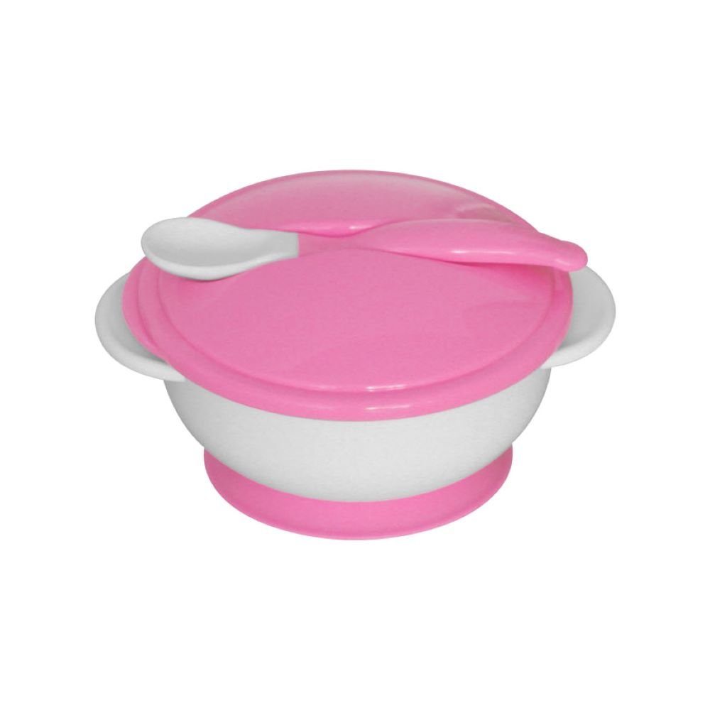 Lorelli Kunststoffteller Essschale rutschfest pink Kinderschüssel Deckel Löffel, Boden Saugnapf mit am