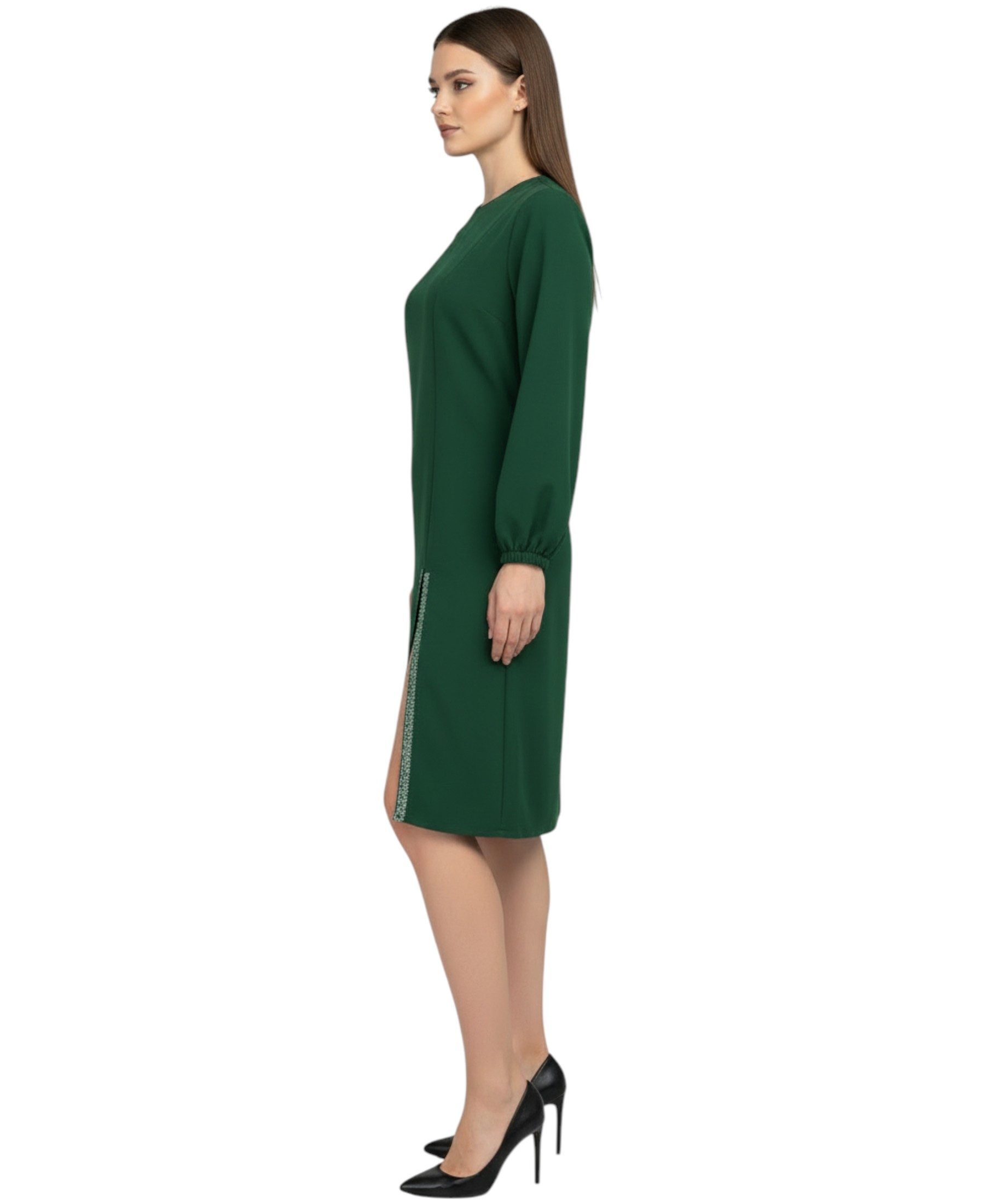 fashionshowcase Longtunika Damen Kleid Kleid mit Schlitz und Steindetail langärmlig
