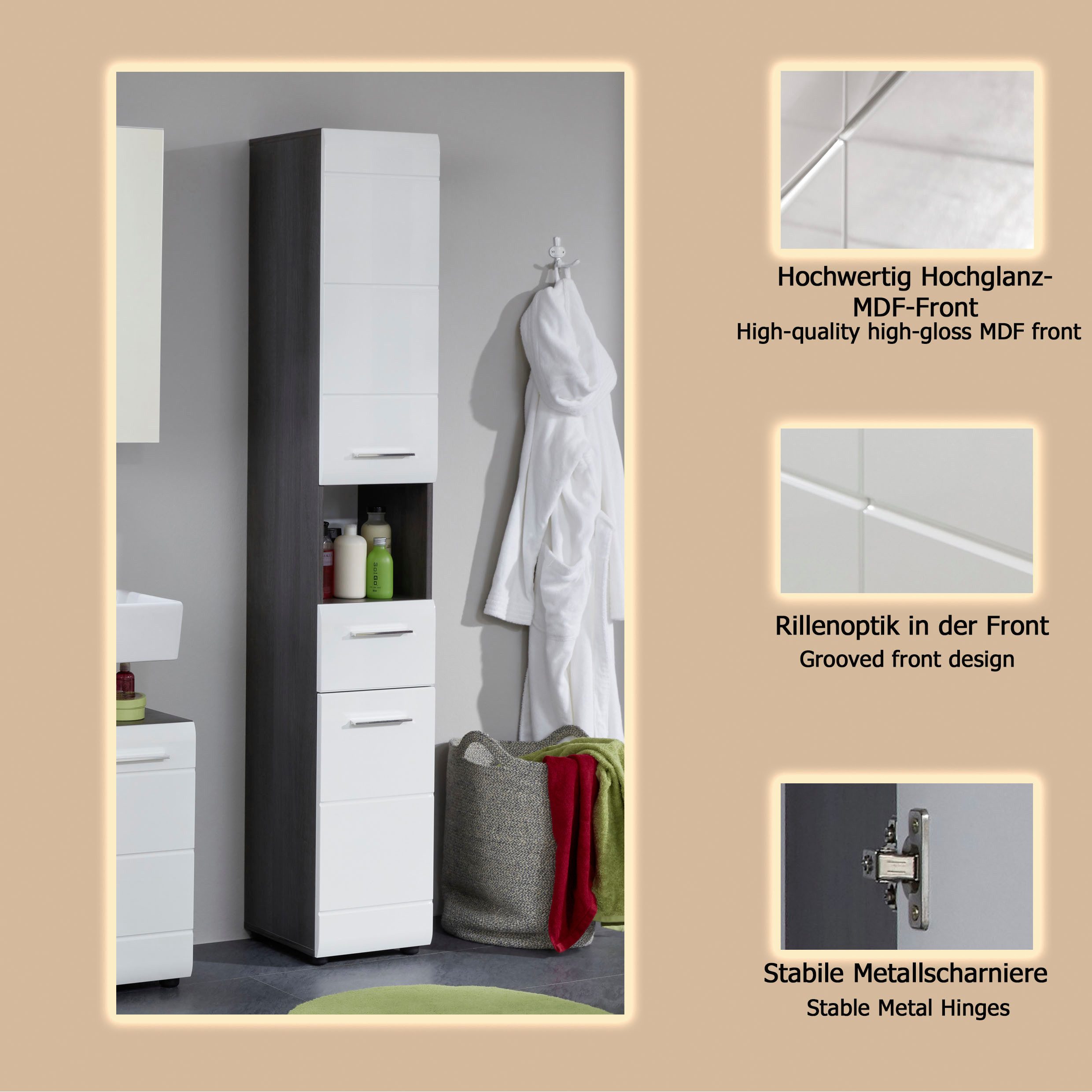 welltime Hochschrank Sovana Badezimmerschrank in Hochglanzoptik - (B/T/H) 30/31/182 cm
