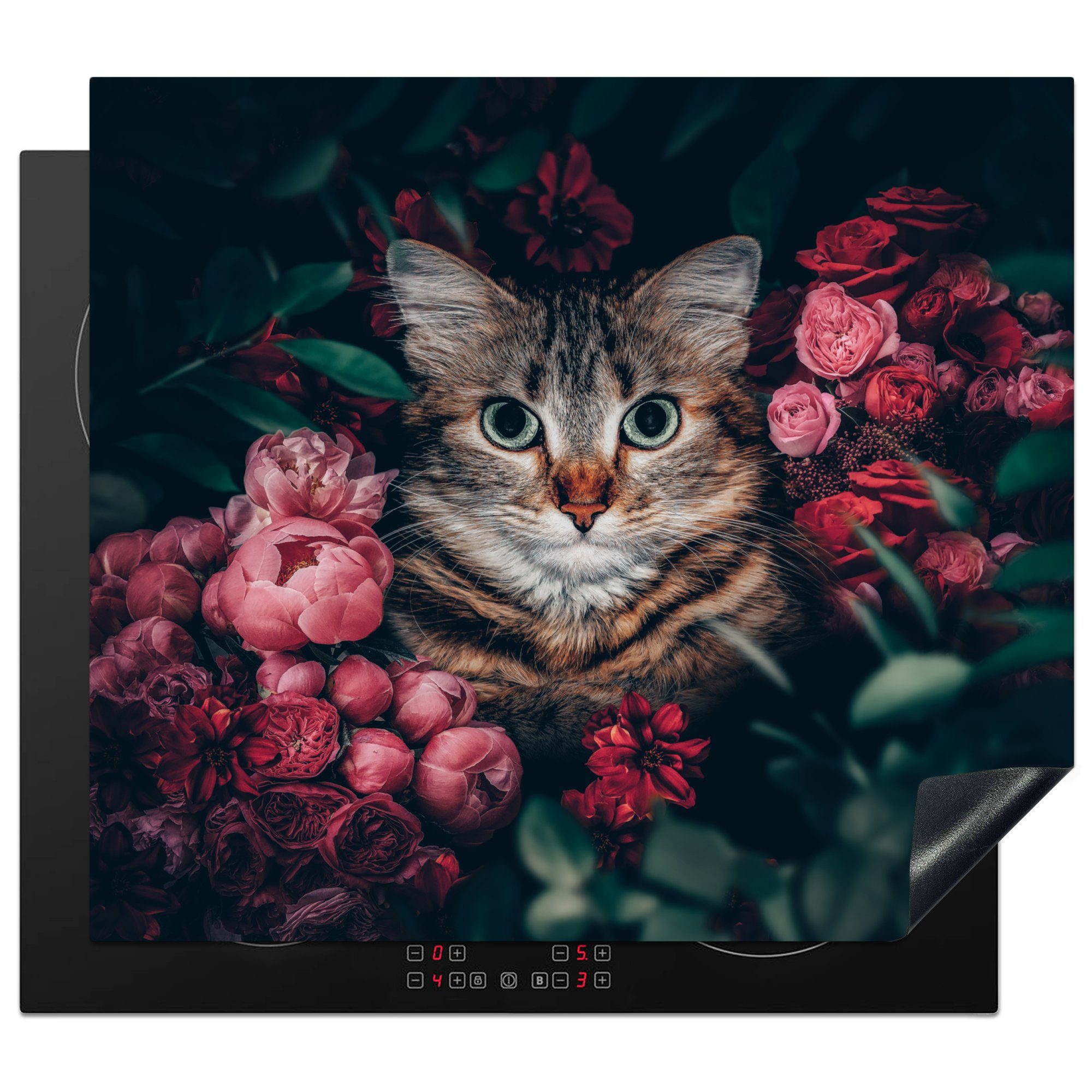 MuchoWow Herdblende-/Abdeckplatte Katze - (1 - Induktionsschutz, Tiere Ceranfeldabdeckung - Vinyl, cm, tlg), Blumen 57x51 Induktionskochfeld, Botanisch