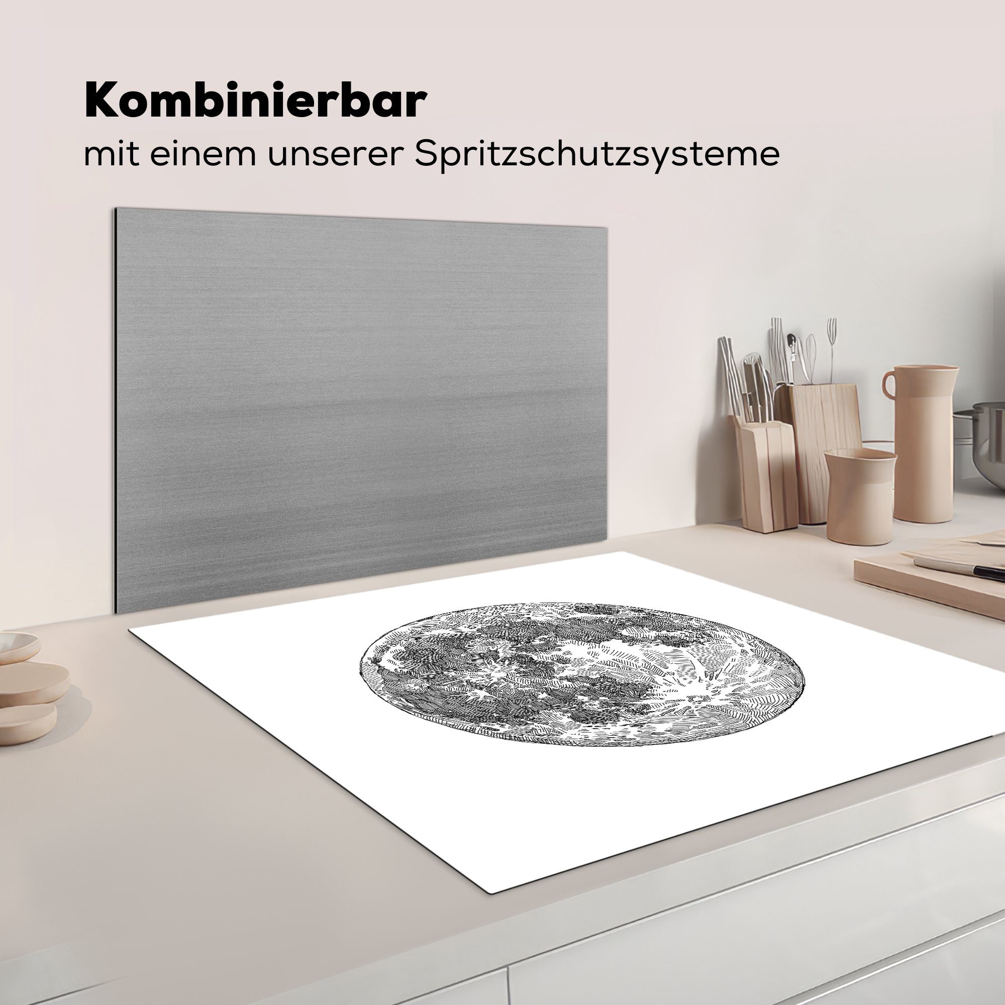 küche Illustration 78x78 schwarz-weiße Mondes, des Vinyl, tlg), für cm, Ceranfeldabdeckung, Eine MuchoWow (1 Herdblende-/Abdeckplatte Arbeitsplatte