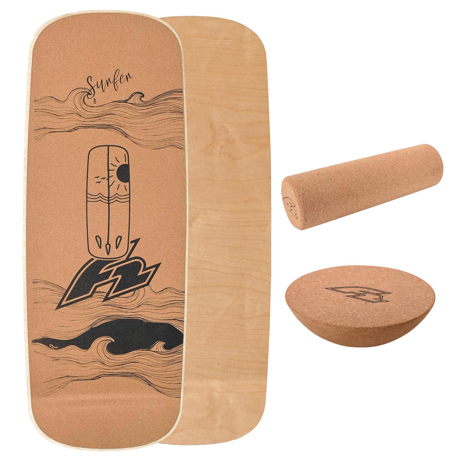 F2 Balanceboard F2 Kork Balance Board Pill 83x29cm mit Korkrolle + Kork Halbkugel