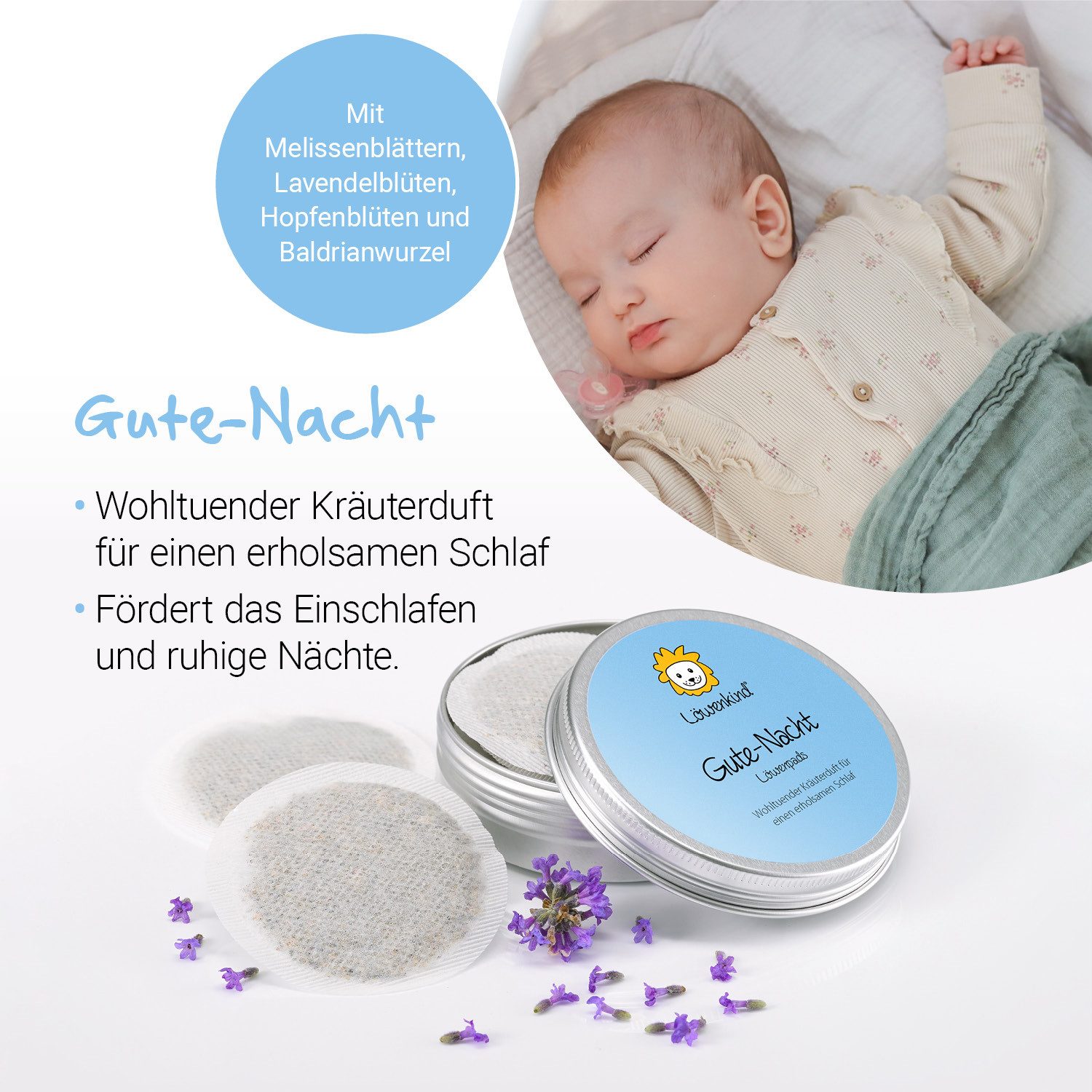 Löwenkind Neugeborenen-Geschenkset Geschenkset Dreieckshalstuch "Mini" 0-4J., Gute-Nacht und Rotznäschen (Geschenkset, 4-tlg., 1x Halstuch und 2x 5er Pad-Dose) Unterstützung durch die Kraft der Natur