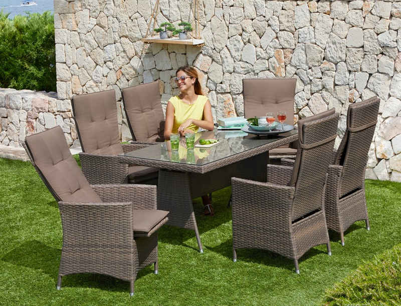 MERXX Garten-Essgruppe Valencia, (6x verstellbare Relaxsessel, 1x Tisch 150x80 cm, inkl. Auflagen), Aluminium, Polyrattan, geeignet für 6 Personen