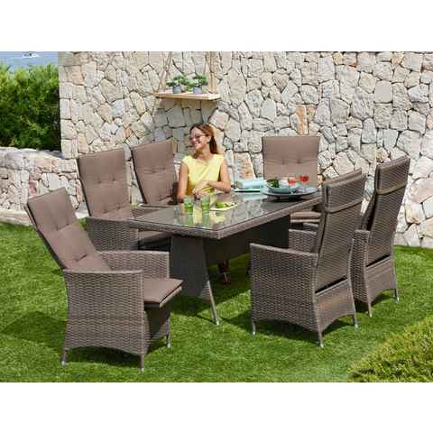 MERXX Garten-Essgruppe Valencia, (6x verstellbare Relaxsessel, 1x Tisch 150x80 cm, inkl. Auflagen), Aluminium, Polyrattan, geeignet für 6 Personen