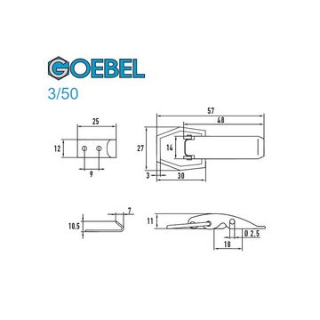 GOEBEL GmbH Kastenriegelschloss 5544512350, (100 x Spannverschluss 3 / 50 schmales Kappenschloss, 100-tlg., Kistenverschluss - Kofferverschluss - Hebel Verschluss), gerader Grundtplatte inkl. Gegenhaken Edelstahl A2 (V2A)