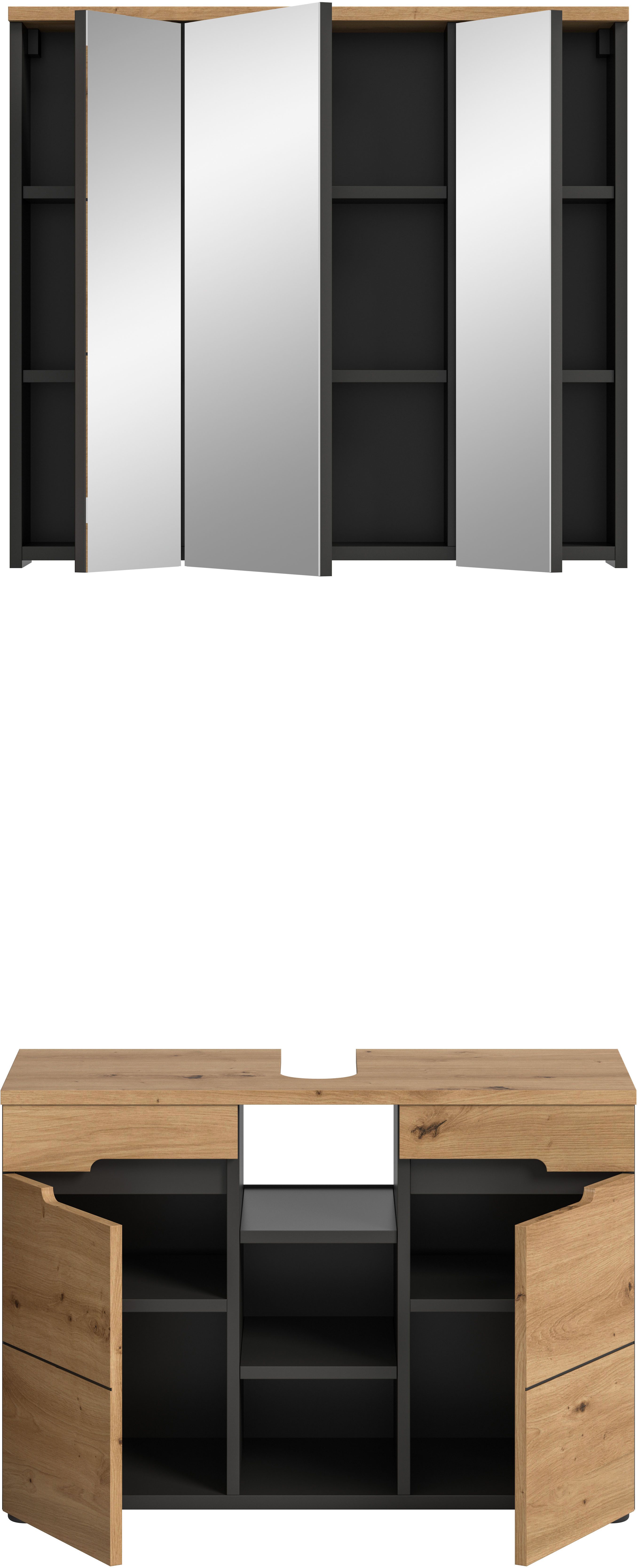 INOSIGN Badmöbel-Set REHAT, 2-teilig, Breite 80 cm, mit Grifflosen Fronten, bestehend aus:, (2-St), 1x Waschbeckenunterschrank & 1x Spiegelschrank