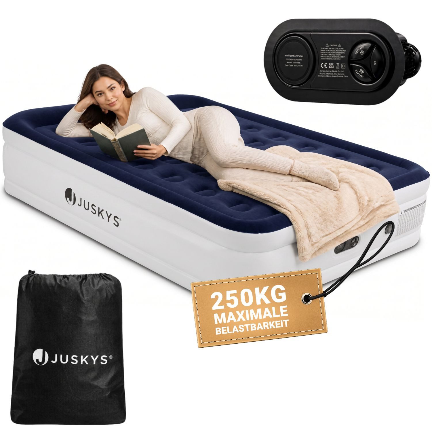 Juskys Luftmatratze Sapri L, Doppel-Luftbett, selbstaufblasend, wasserdicht, inkl. Pumpe, Tasche