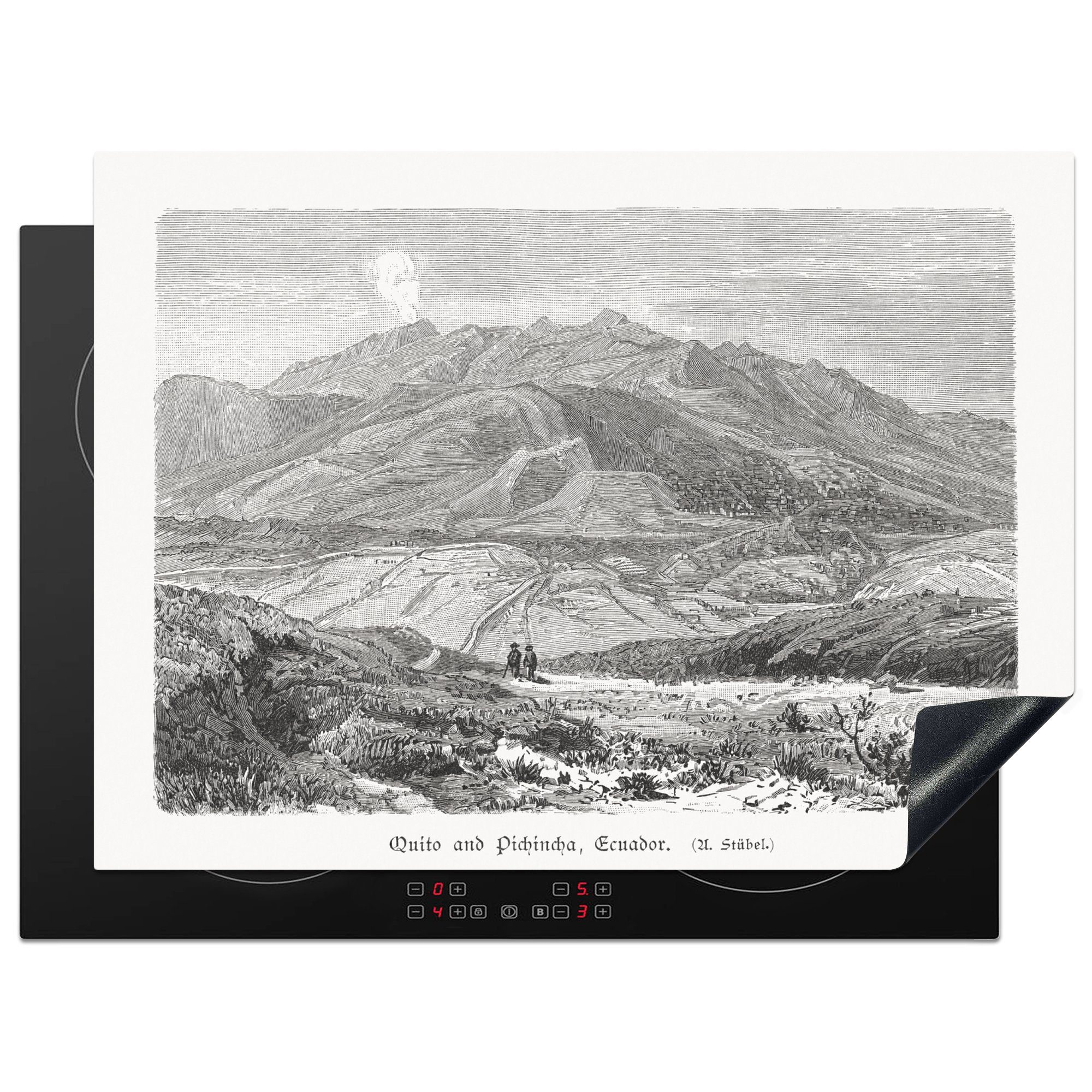 MuchoWow Herdblende-/Abdeckplatte Schwarz-Weiß-Abbildung des Vulkans in der Nähe von Quito in Ecuador, Vinyl, (1 tlg), 70x52 cm, Mobile Arbeitsfläche nutzbar, Ceranfeldabdeckung