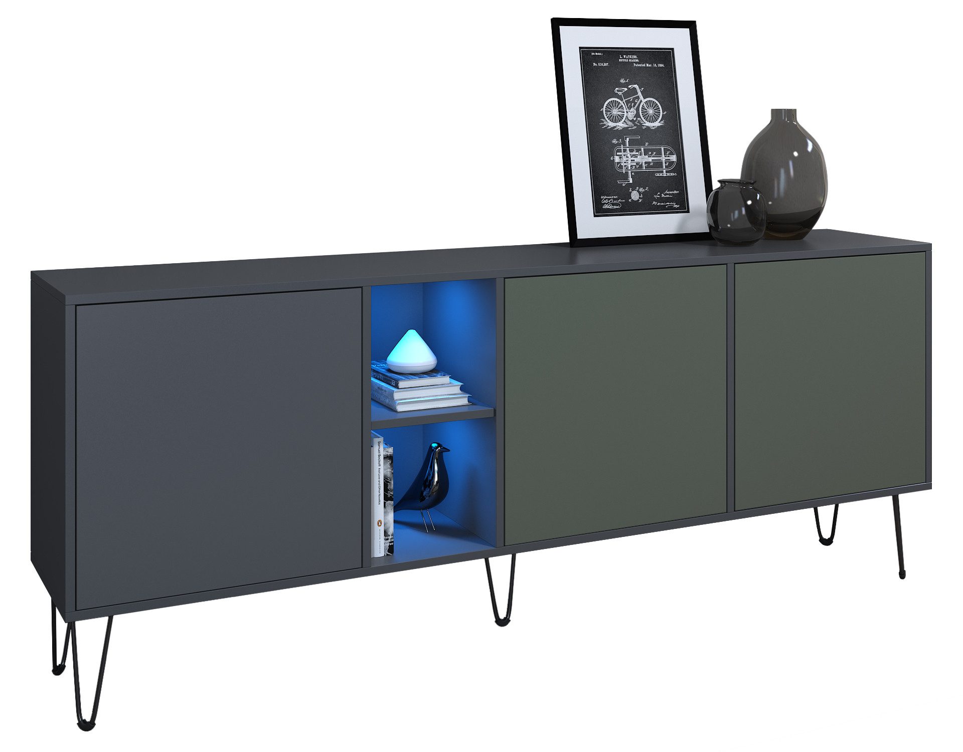 Vladon Sideboard Havana (TV-Schrank mit 3 Türen und 2 offene Fächer, Kommode mit LED, Made in Germany), Anthrazit matt / Fjord Grün (181,5 x 73 x 35 cm)