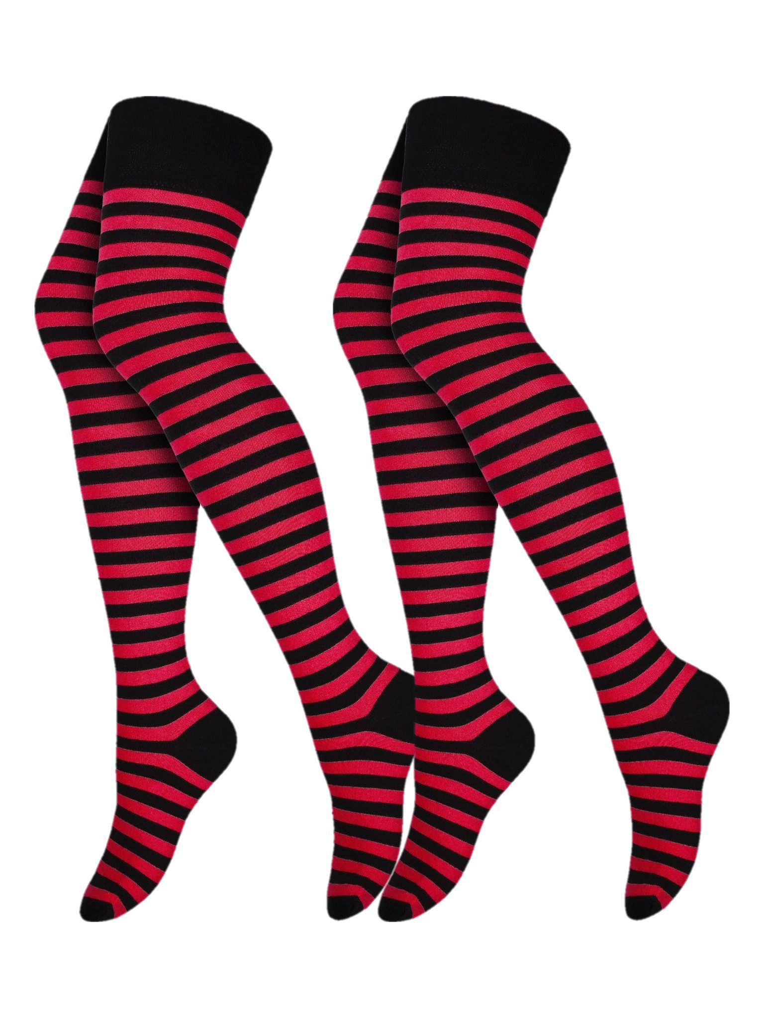 Black Snake Overknees Lange Ringelsocken für Damen mit Baumwolle zu Kostüm Rock und Stiefeln (Socken-Set, 2-Paar, Schwarz/Rot OneSize) Halloween Socken bis übers Knie mit Strickbund für Karneval und Winter