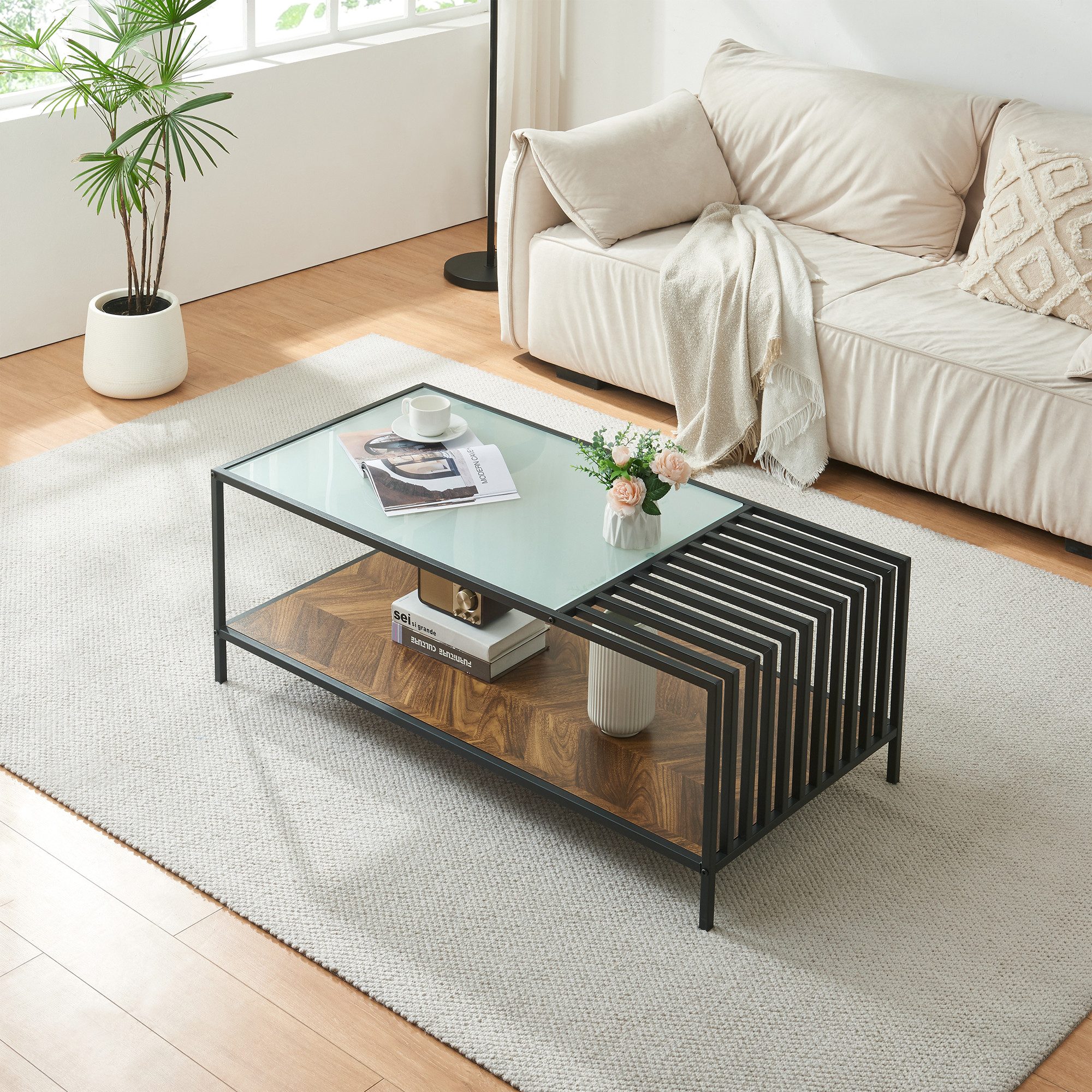 en.casa Couchtisch, »Pärghos« Glasplatte 120x60x45 cm Schwarz/Eicheoptik