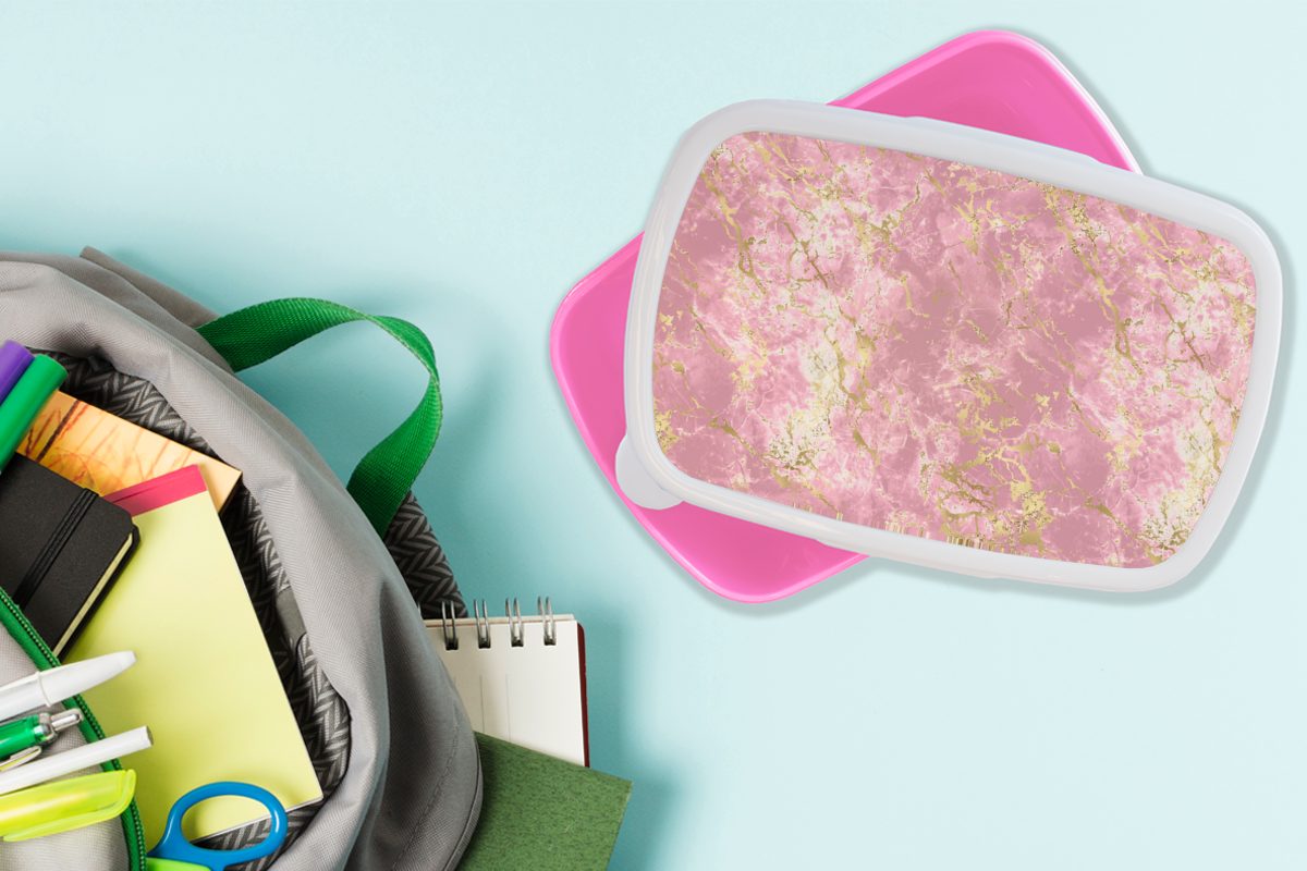 MuchoWow Lunchbox Gold Kinder, Brotbox Brotdose Design, Erwachsene, für Mädchen, - Luxus Marmor Kunststoff - (2-tlg), - rosa Kunststoff, Snackbox