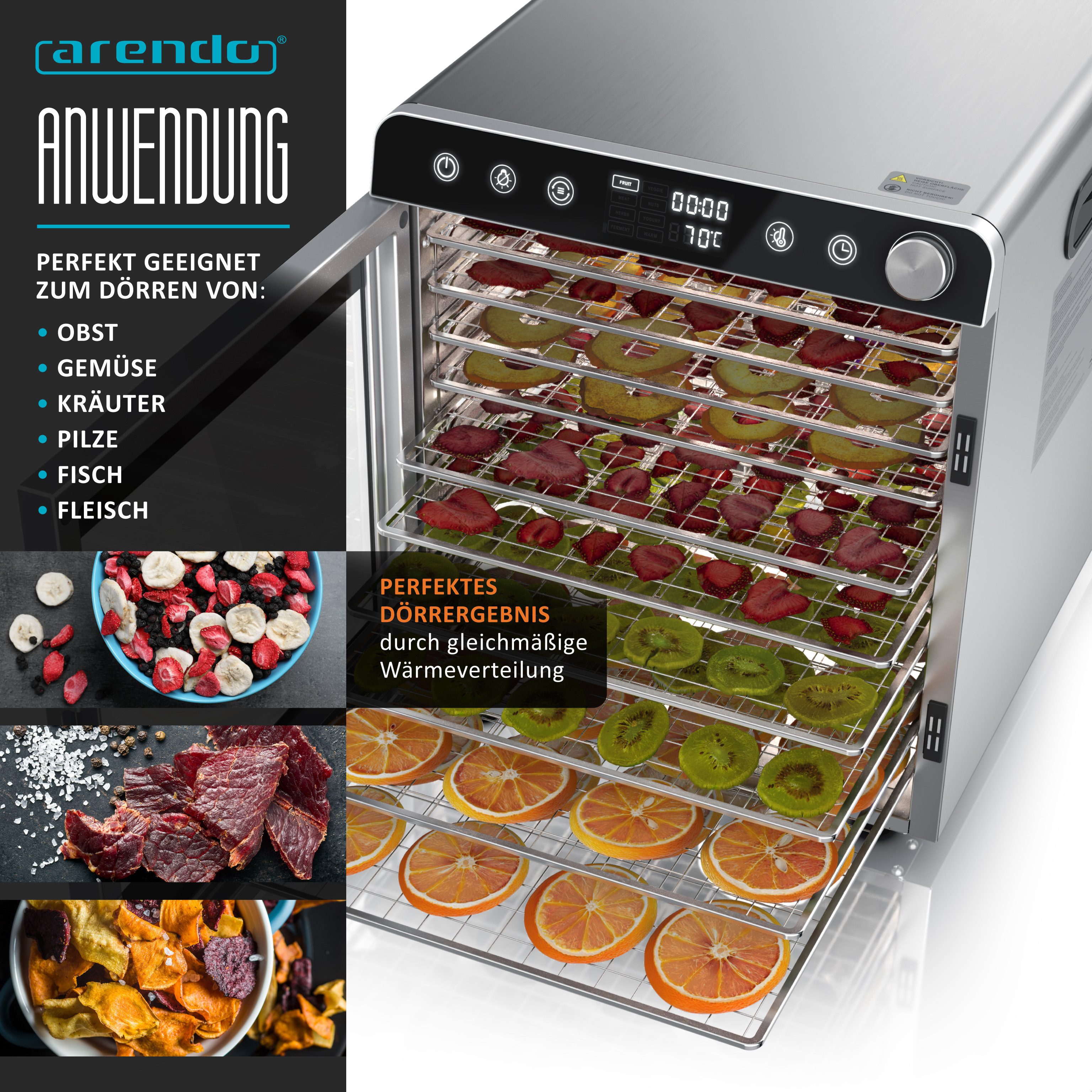 Arendo Dörrautomat Edelstahl, Temperaturregler von 30° bis 85°C, Dörrgerät, Dehydrator 800 W, 10 Etagen, Obst, Fisch, Fleisch Dörrapparat, Obsttrockner, Timer 0,5-24 Stunden