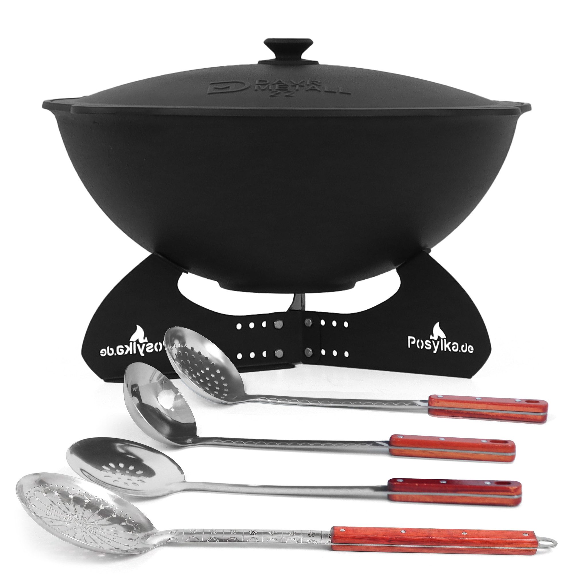 DAVR Metall Schmortopf Kasan 22 L Set 9-tlg. flacher Boden Untersetzer 4 Kellen 22,3 kg, Stahl, Gusseisen, Aluminium, Edelstahl, Kunststoff (9-tlg), Dickwandig