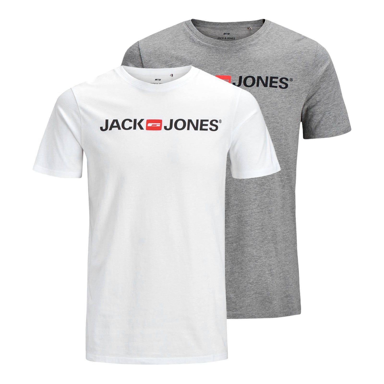 Jack & Jones T-Shirt 2er Pack Logo Tee Crew Neck mit Markenschriftzug white / light grey mel.