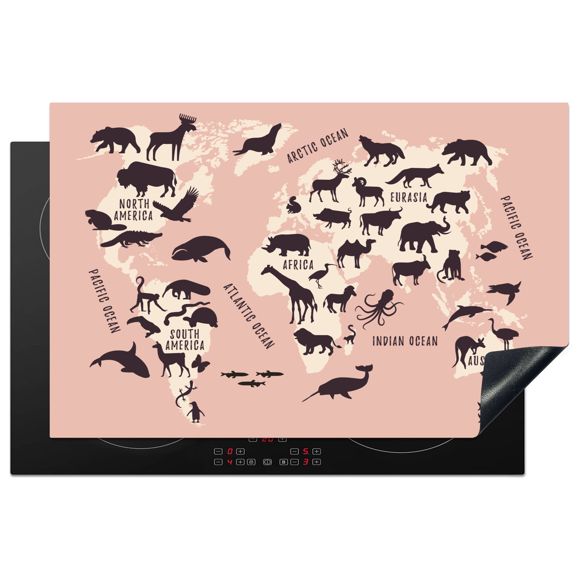 MuchoWow Herdblende-/Abdeckplatte Weltkarte - Rosa - Tiere, Vinyl, (1 tlg), 81x52 cm, Induktionskochfeld Schutz für die küche, Ceranfeldabdeckung