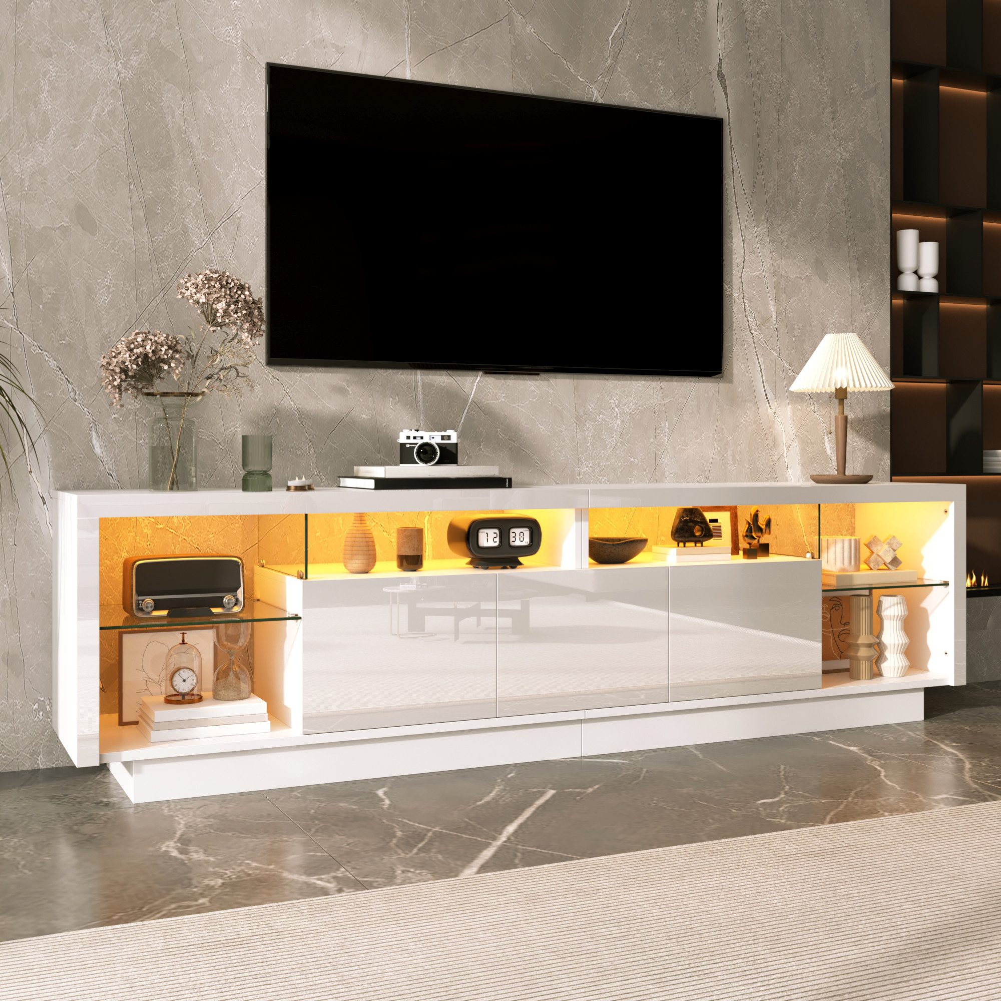 STILVORA Lowboard Moderner TV-Schrank mit LED TV-Regal mit Glasfächern (TV-Möbel mit kombiniertem Stauraum, 3 Türen, LED-Licht, Hochglanzfront), für Wohnzimmer, Wohnbereich, Multimedia-Bereich