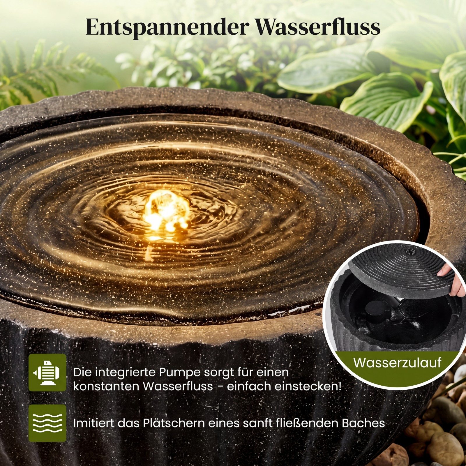 COSTWAY Zimmerbrunnen, runder, mit LED Beleuchtung, Steinoptik-Finish und Pumpe