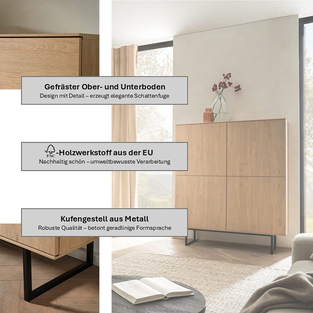 Home affaire Highboard Lund, moderner Schrank, Kommode mit Kufengestell, ausreichend Stauraum, vielseitig einsetzbar, 115 cm breit