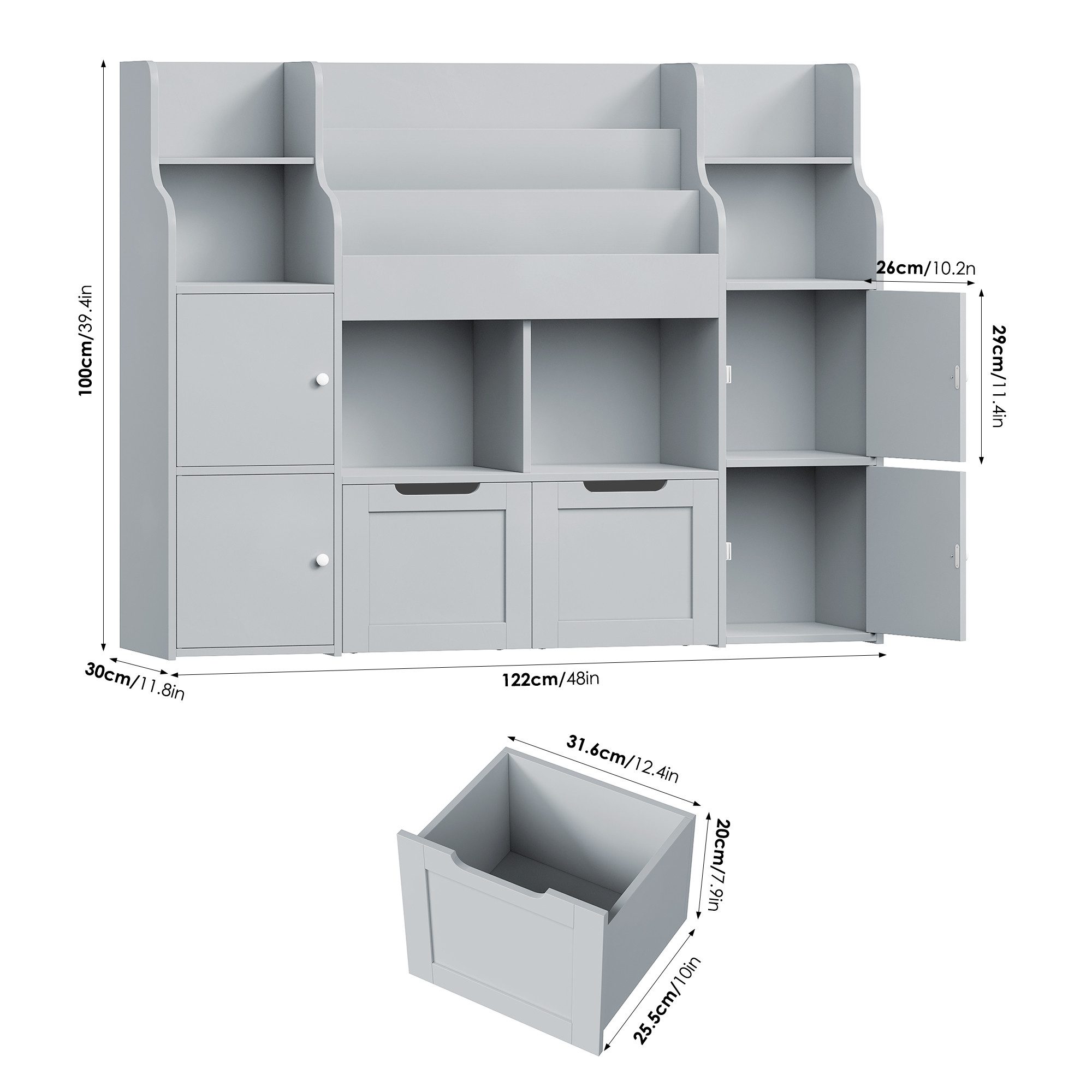 Homfa Kinderregal Spielzeugtruhe mit 2 Schubladen auf Rollen Bücherregal, Kinderbücherregal Spiegelregal mit Tür 126x104x30 cm weiß – Bild 3 von 5