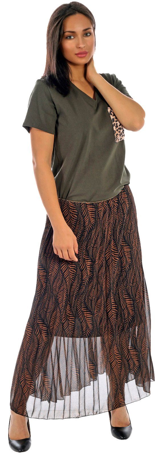 Charis Moda Faltenrock Maxirock "Jungle-​Leaves" mit dehnbarem Glitzergummibund