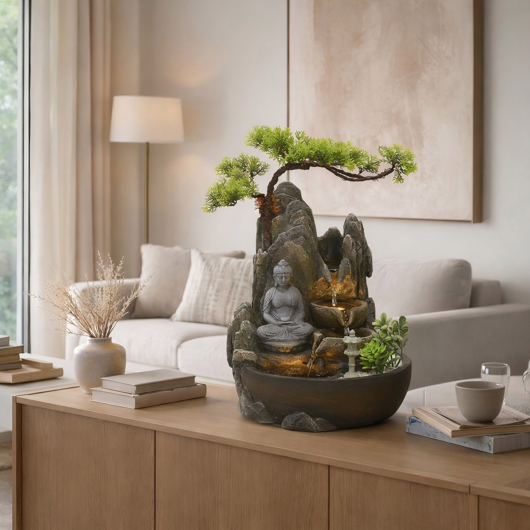 Wacredo Zimmerbrunnen Premium Zimmerbrunnen Komplettset Buddha, Wasserbecken BxT: 25x26 cm, Gesamtmaß: 26 x 25 x 32cm (L x B x H)
