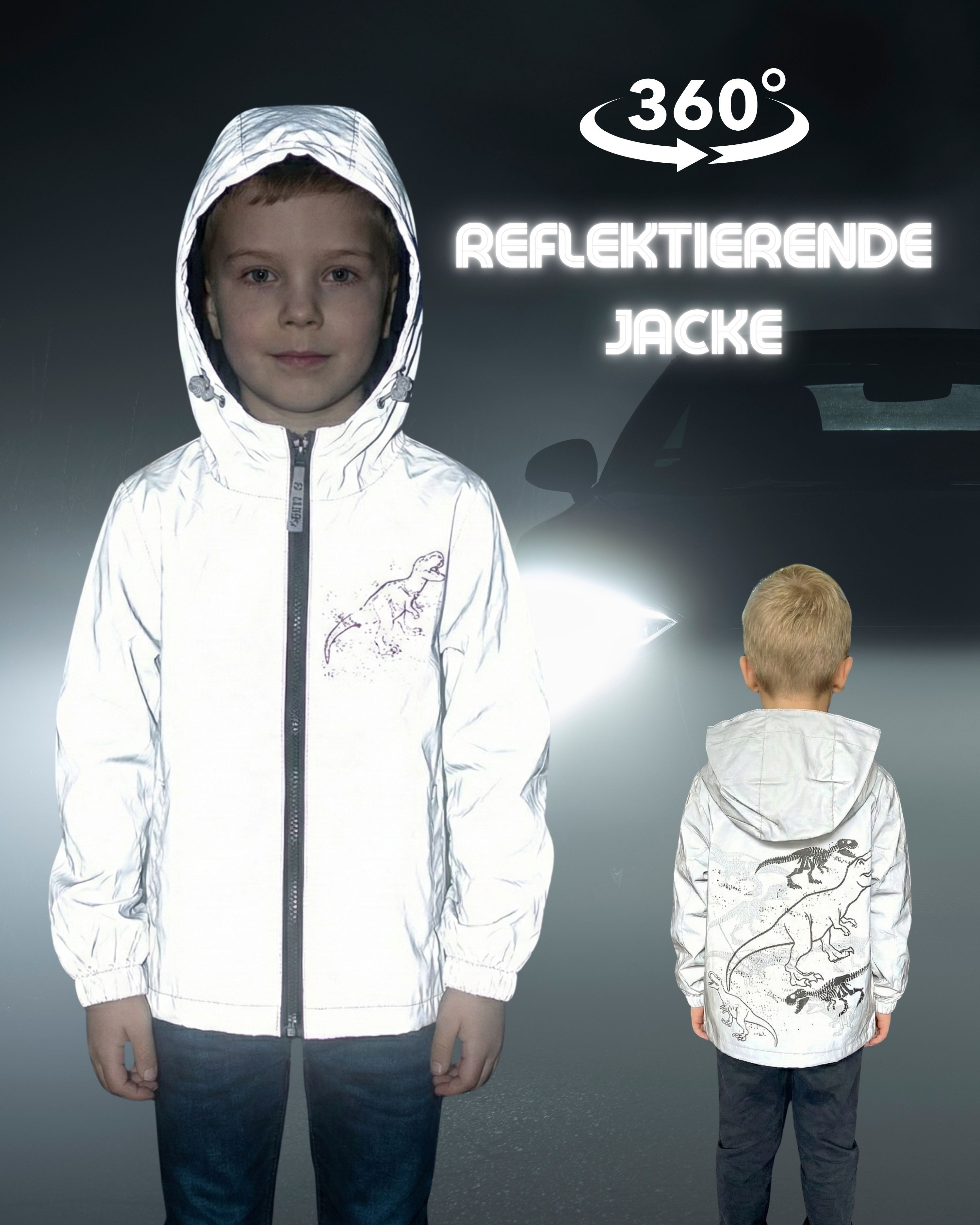 HECKBO Regen- und Matschjacke 360° Reflektor Kinder Regenjacke Windjacke Jacke Dinosaurier 3-6 Jahre