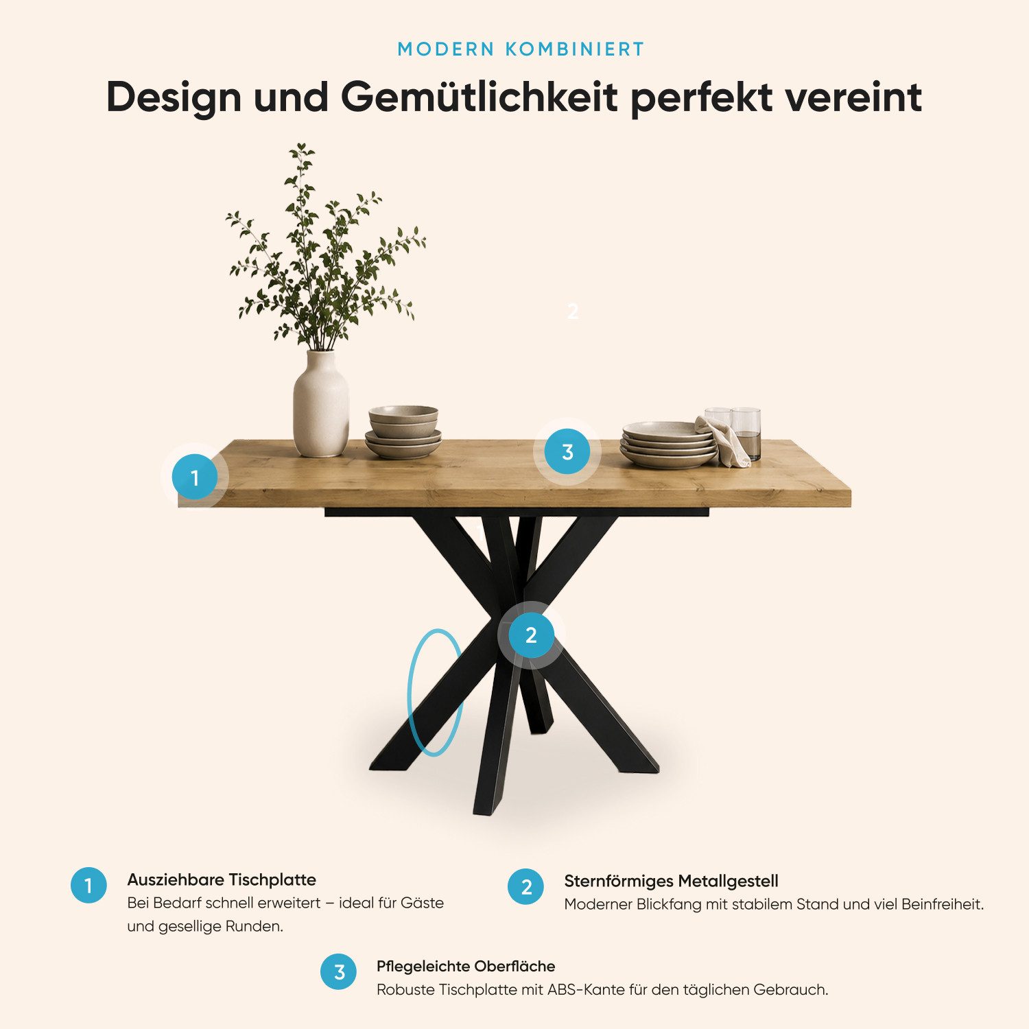 Storado Esstisch Big System Metall Stern 140–210×90cm, Esszimmertisch, Stabiler Sternfuß für viel Beinfreiheit und sicheren Stand