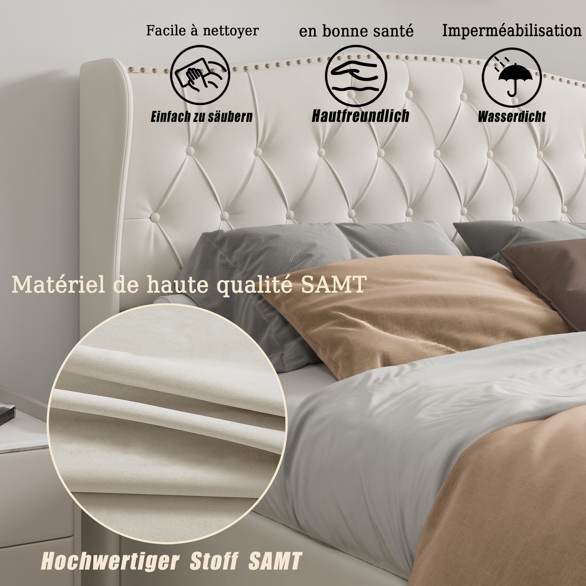 FUROKOY Stauraumbett hydraulischem Polsterbett mit Lattenrost, Doppelbett 160x200cm,mit gepolstertem Kopfteil,Beige,Samt – Bild 3 von 5