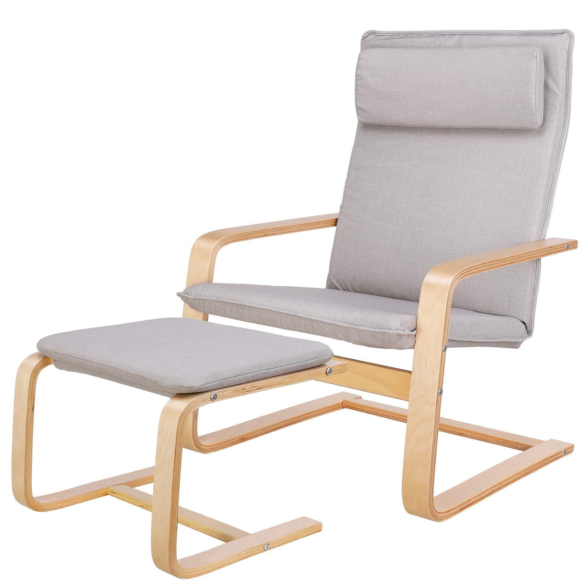 Daskoo Relaxsessel Relaxstuhl mit Fußhocker und Armlehne,66.5x69x96.5 cm (Relaxsessel mit hocker), Sessel Armlehnensessel aus Birkenholz Grau