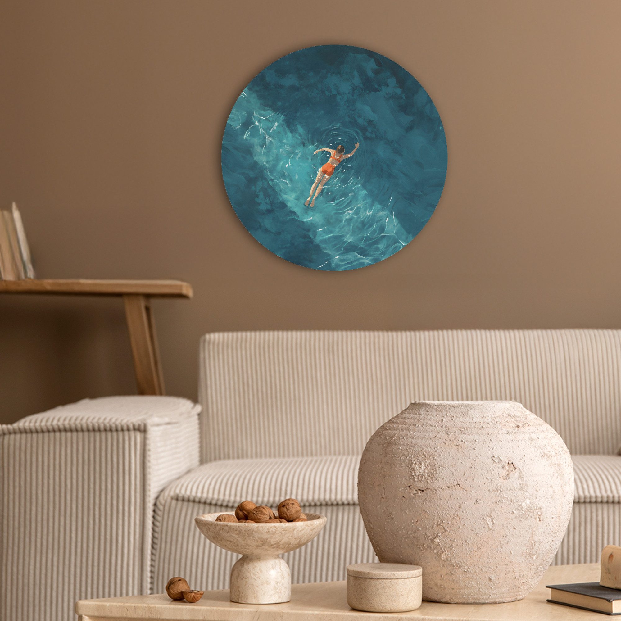 MuchoWow Gemälde Frau - Wasser - Bikini - Orange, Fotodruck (1 St), Akustikpaneele rund, Schalldämmung, Akustikbilder 30x30 cm