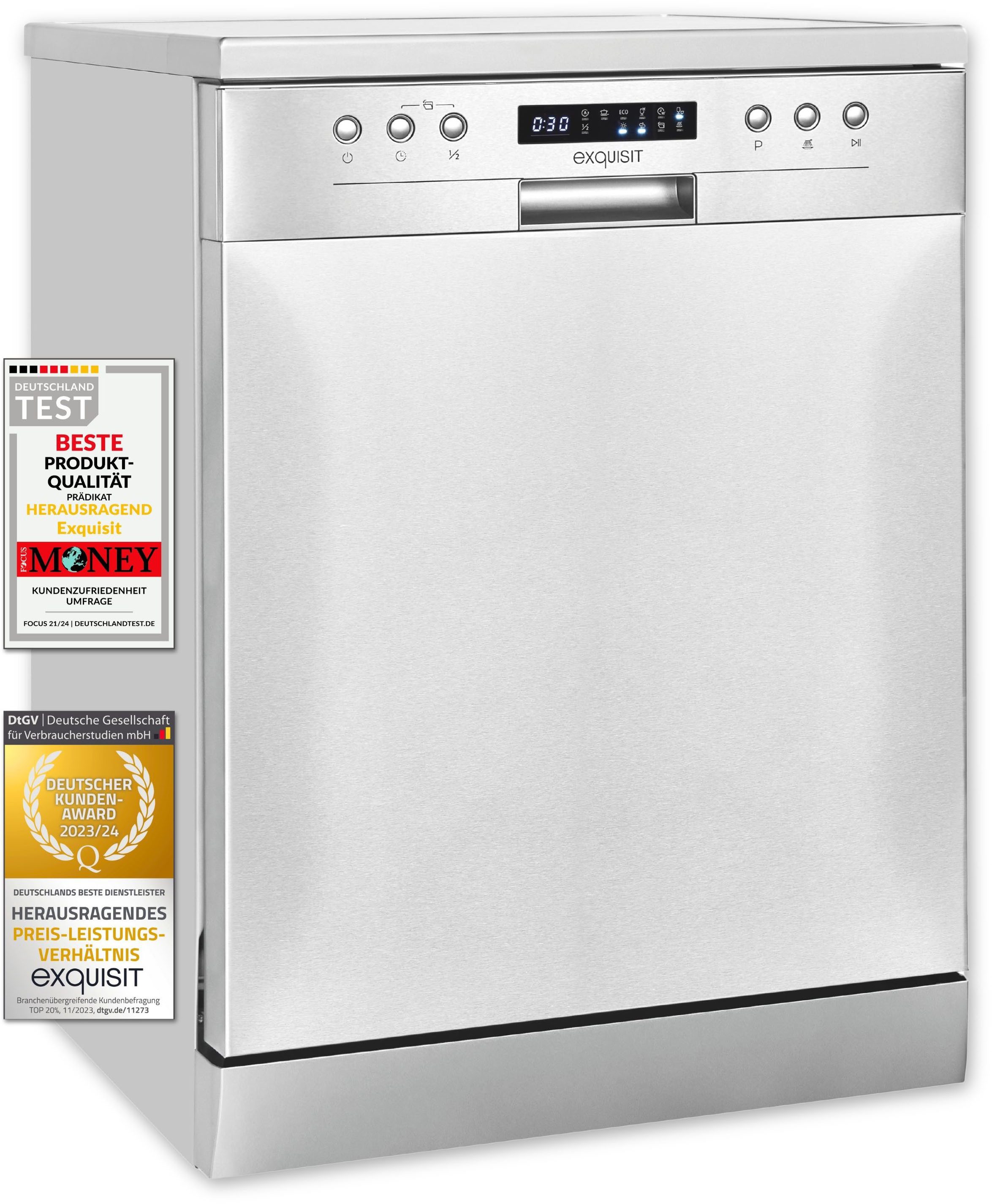 exquisit Standgeschirrspüler GSP9414-030D inox, 14 Maßgedecke, Stand-/Unterbaugerät, 14 Maßgedecke – 6 Programme mit LED & Timer