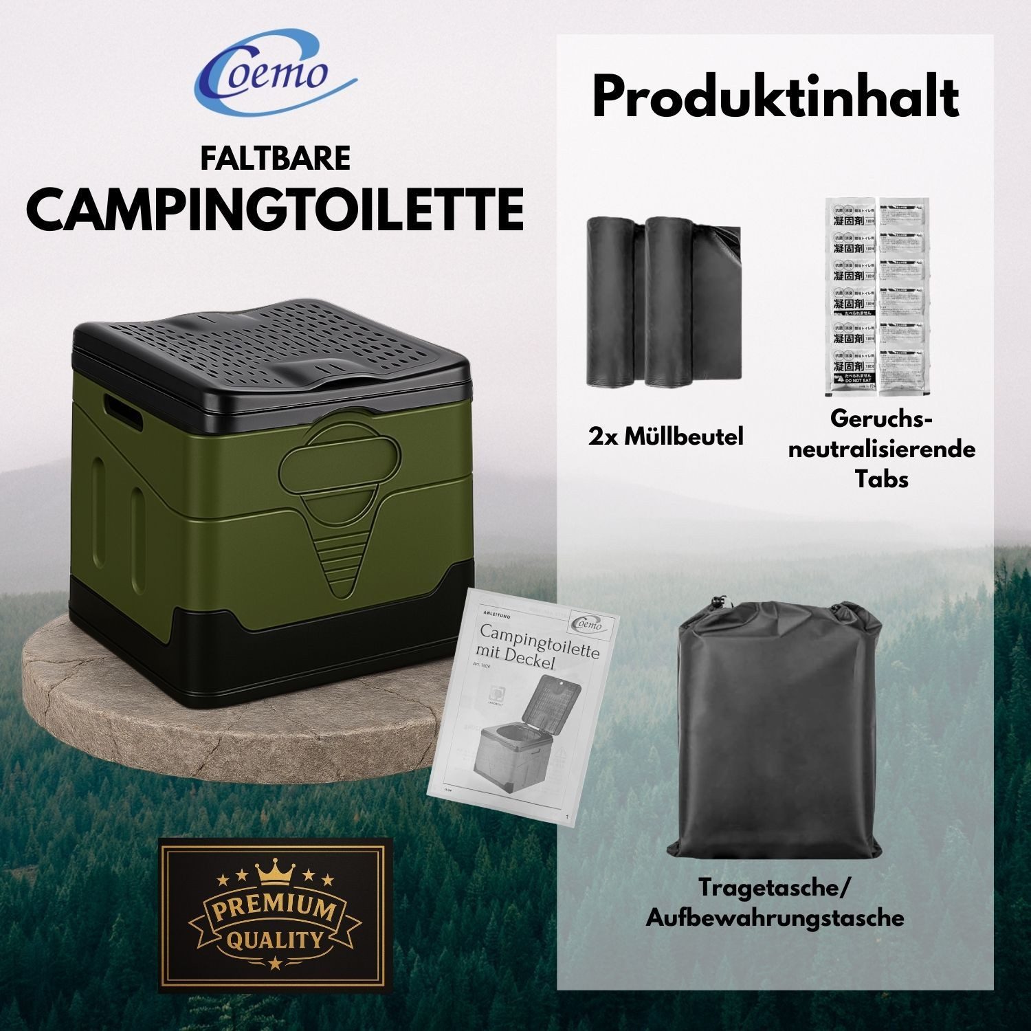 Coemo Campingtoilette, mit Beutel GRÜN faltbare Outdoor-Toilette tragbare Toilette mit Deckel