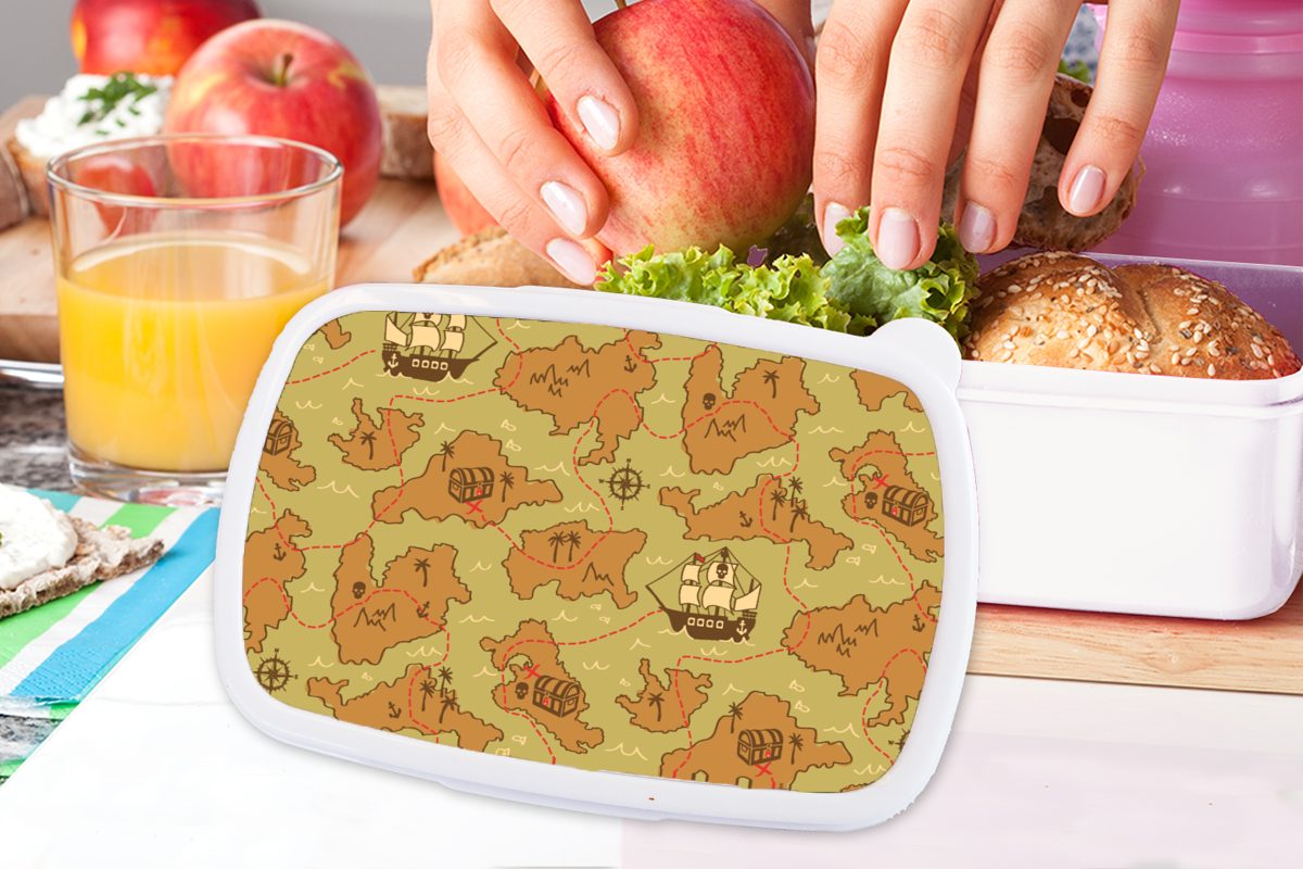 MuchoWow Lunchbox Schatzkarte - Piraten Brotbox Brotdose, Kinder, Erwachsene, und - für Muster Jungs Kinder - und (2-tlg), Mädchen für Kunststoff, weiß
