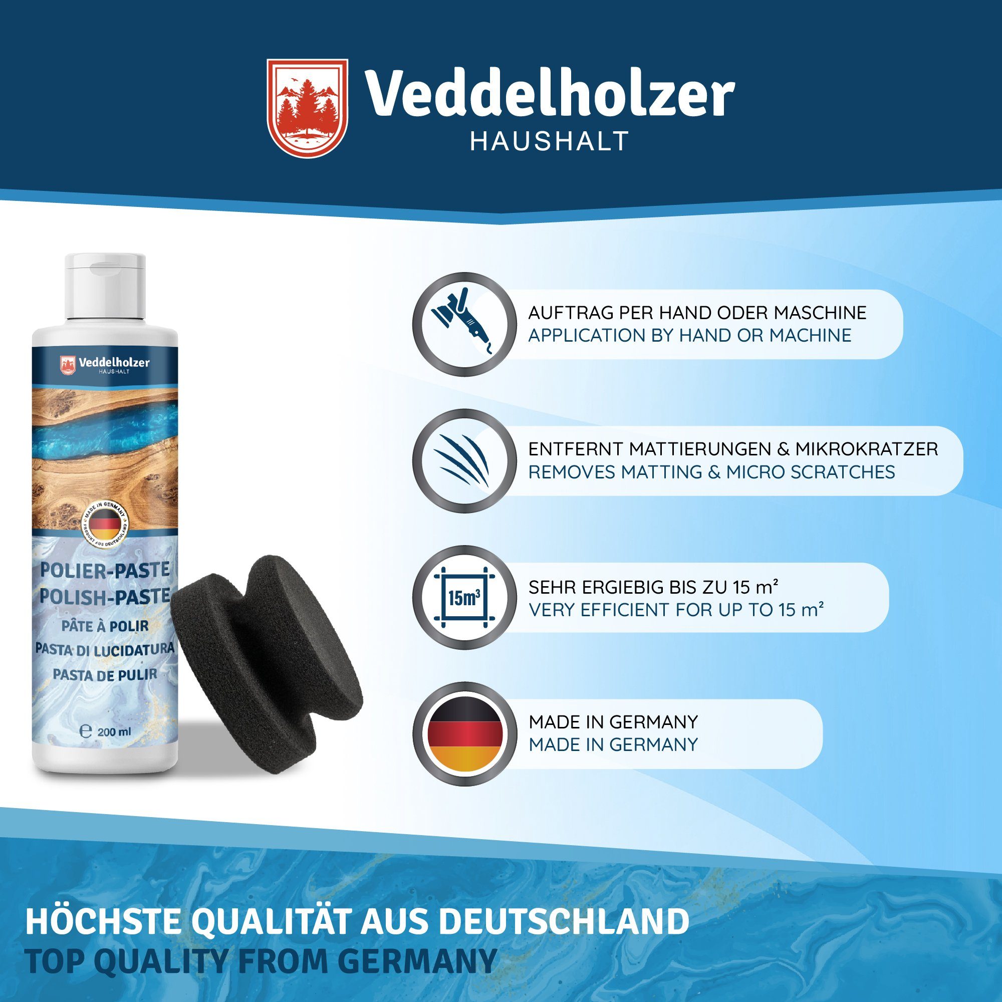 Veddelholzer 200ml Polierpaste + Polierschwamm Epoxidharz Möbel, Tisch, Acrylglas Politur (Politur mit Polierschwamm in Schwarz, Polyester, Gelocat, Glasfaser, Carbonfaserverstärkte Kunststoffe), Hochglanz
