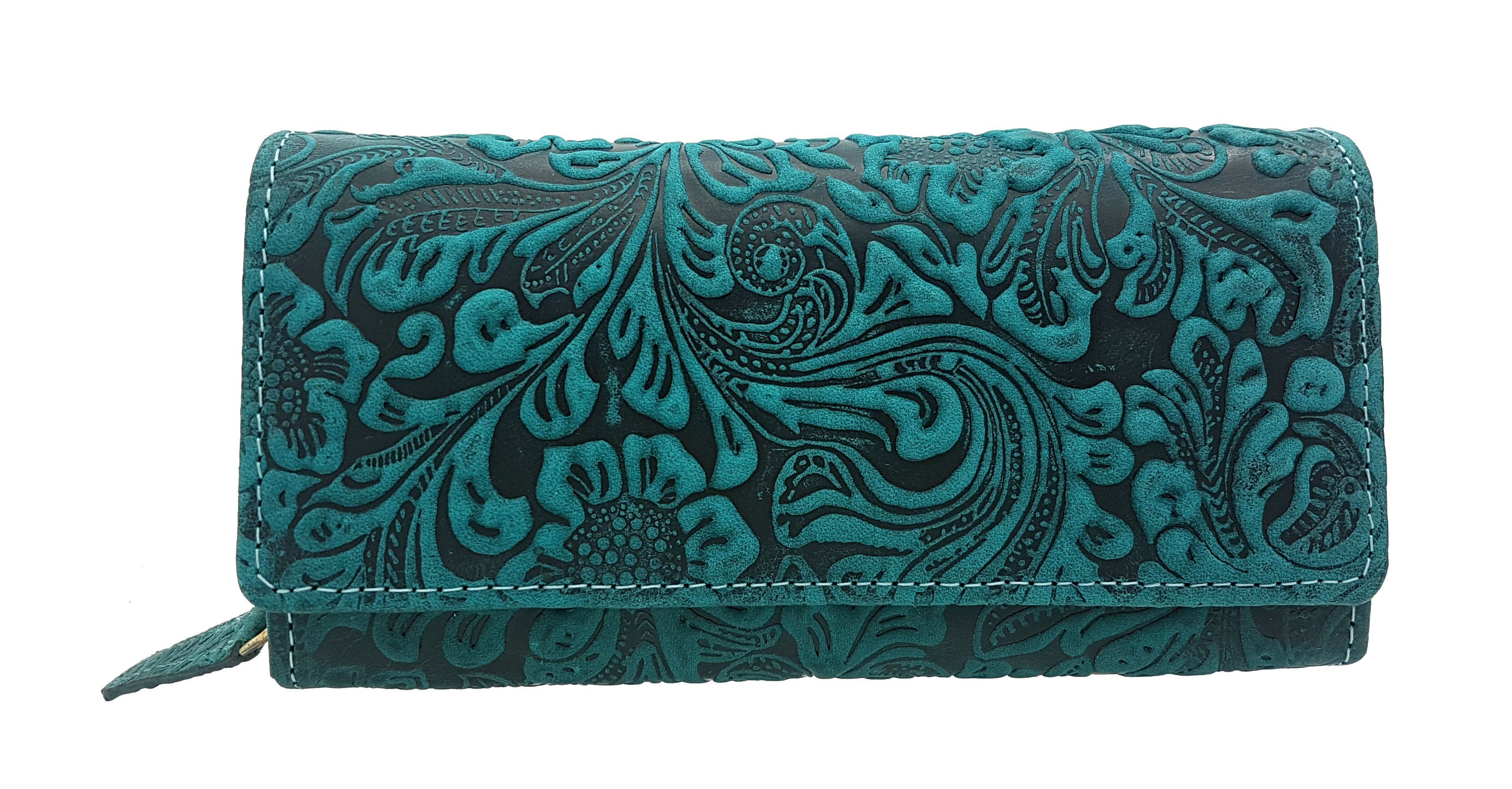 JOCKEY CLUB Geldbörse echt Leder Damen portemonnaie mit RFID Schutz "Liane", florale Prägung, Reißverschluss Münzfach, petrol