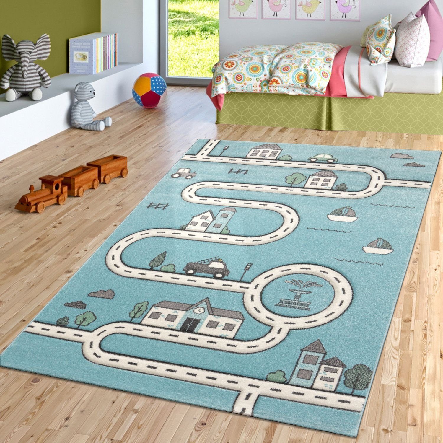 Kinderteppich Kinderzimmer Kurzflor Teppich Spielmatte Straße Stadt, TT Home, Läufer, Höhe: 17 mm