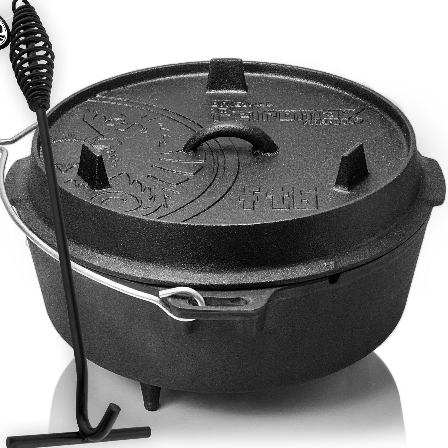 Petromax Schmortopf Feuertopf Dutch Oven ft6 mit Füssen 4-8 Personen 5,5l, Gusseisen (Spar-Set, 6-tlg., Topf+Deckel+Deckelheber+Paste+Schaber+Feuer-Kit), Deckel mit Henkel, als Pfanne nutzbar, Topf induktionsfähig