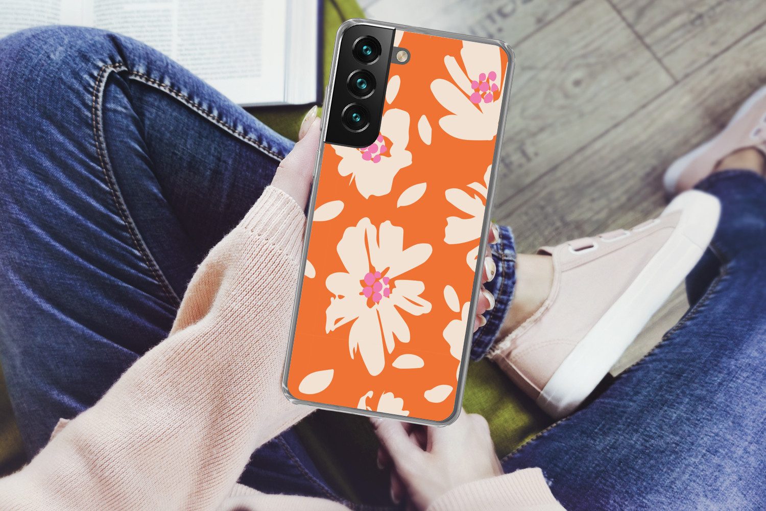 MuchoWow Handyhülle für Samsung Galaxy S22 Blumen - Orange - Beige - Rosa - Abstrakt, Phone Case, Silikon, Schutzhülle Dünn