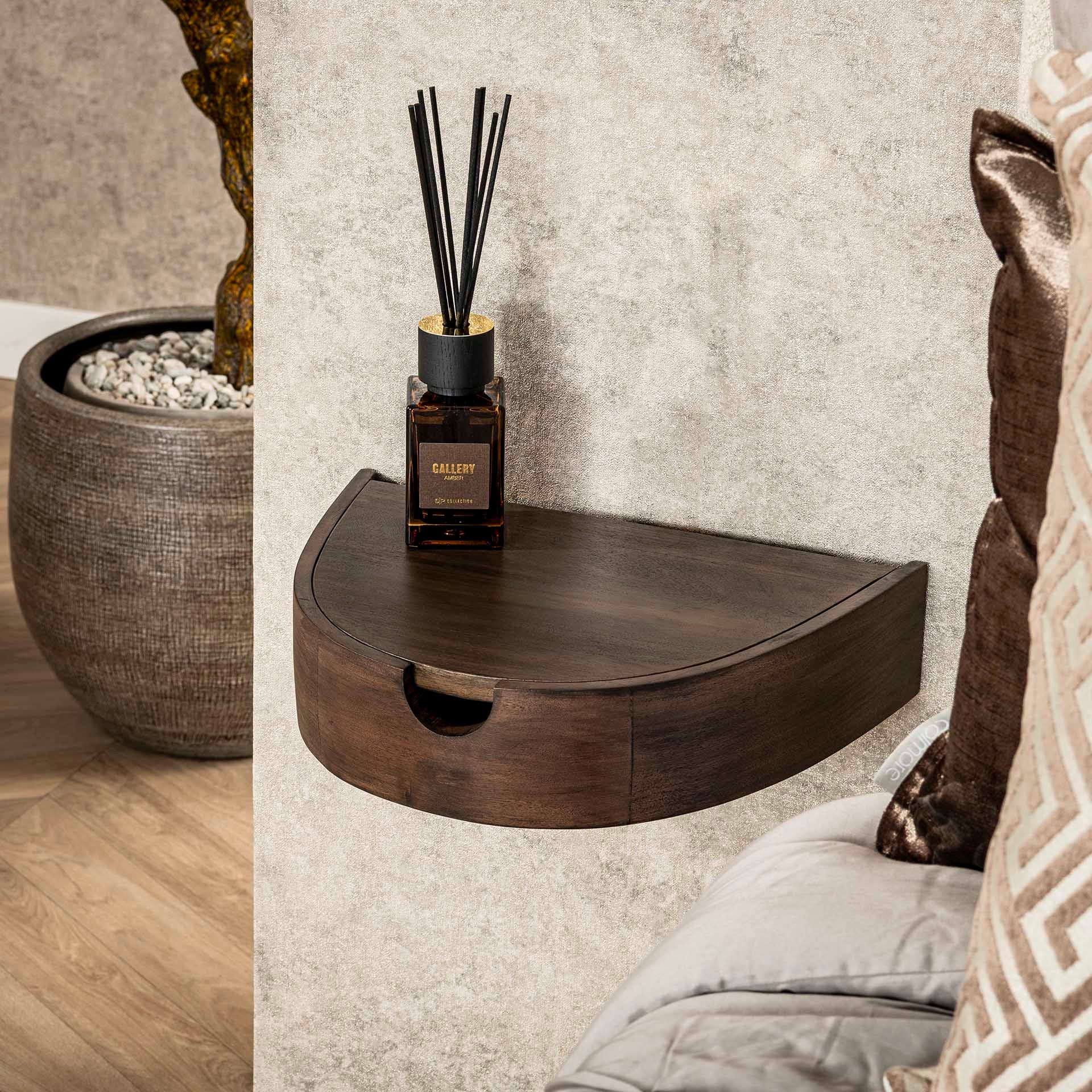LEVEN Lifestyle Nachttisch 2´er Set braun halbrund mit 1 Schublade Wandmontage schwebend (2´er Set), platzsparend da Wandmontage