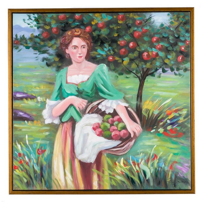 Aubaho Ölgemälde Original Gemälde Ölgemälde Mädchen bei Apfel Ernte mit Rahmen modern 84cm