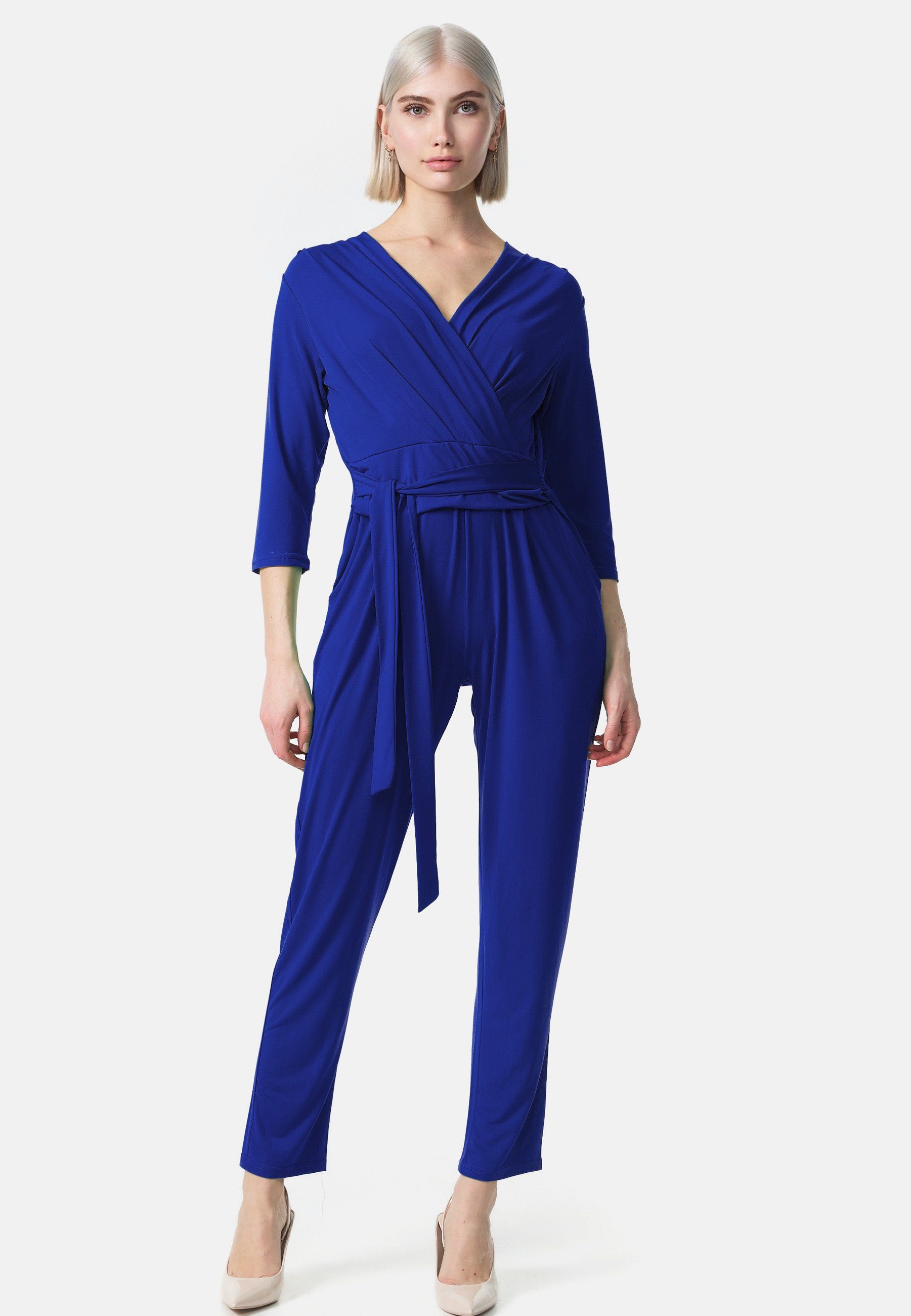 PM SELECTED Ärmel (Business Einheitsgröße) mit PM-35 Bindegürtel Wickeloptik 3/4 Jumpsuit Blau Overall