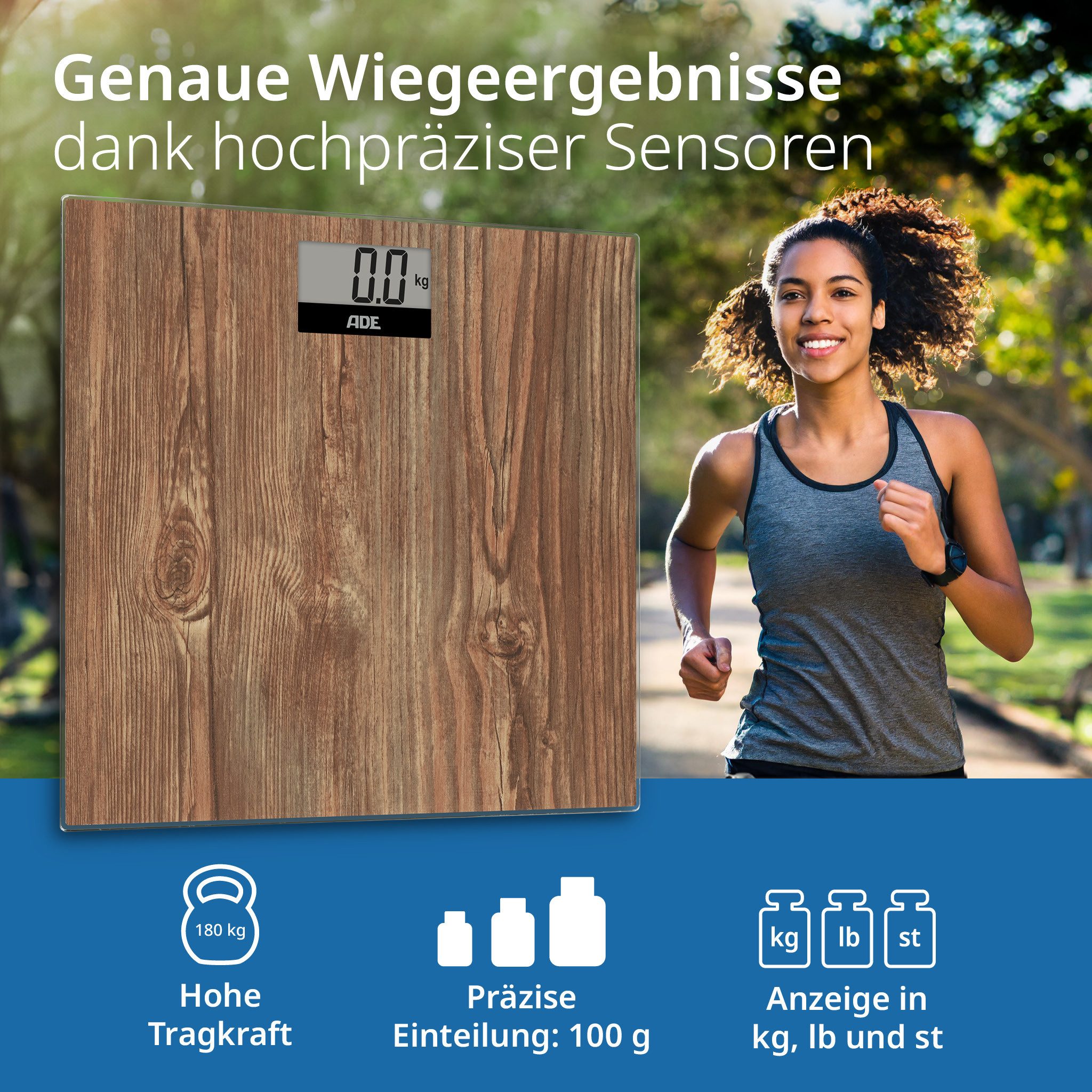 ADE Personenwaage digital, Körperwaage in gemütlicher Holzoptik, rutschhemmende Wiegefläche aus Sicherheitsglas, LCD-Display, bis 180kg