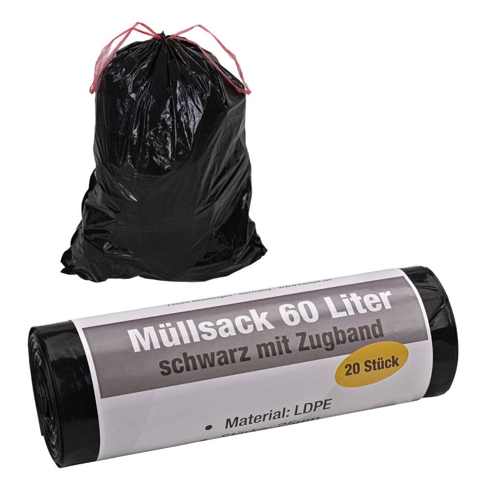 KesTek Müllsack Müllsack 60 Ltr. schwarz mit Zugband 20 Stück 25µm