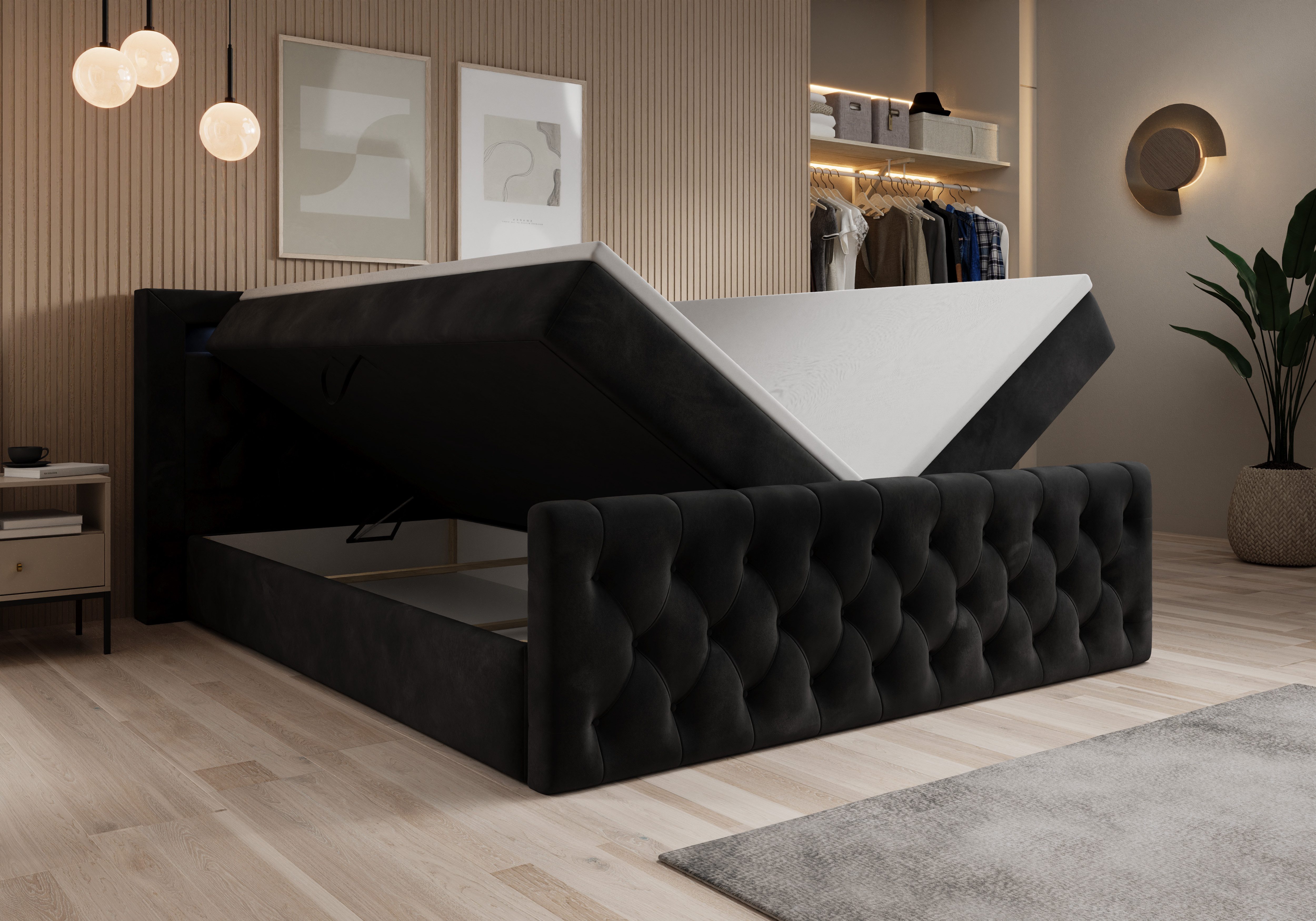 thematys Boxbett LED mit Bettkasten 140x200–200x200 cm – Velours oder Bouclé Bezug – (Polsterbett Bonnellfederkern Matratze H3 + Gratis 3cm Topper, Boxbett - Luxus Doppelbett mit Stauraum und LED)