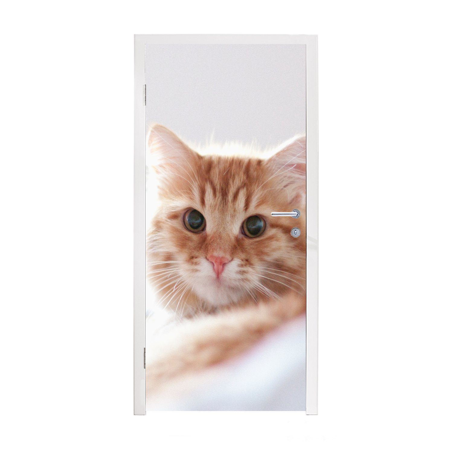 MuchoWow Türtapete Katze - Rot - Bett - Mädchen - Kinder - Jungen, Matt, bedruckt, (1 St), Fototapete für Tür, Türaufkleber, 75x205 cm