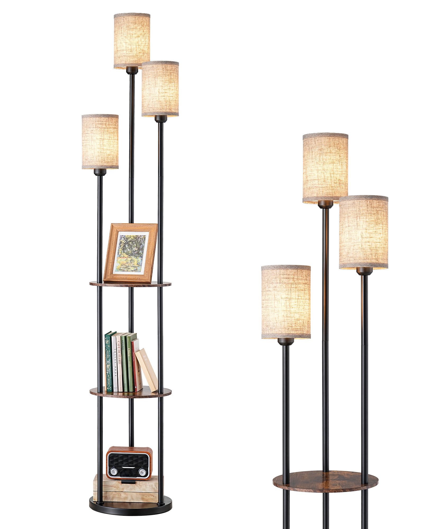 EDISHINE Stehlampe Wohnzimmer, LED wechselbar, warmweiß, mit Regalen, Leinenlampenschirme, E27 LED inkl.